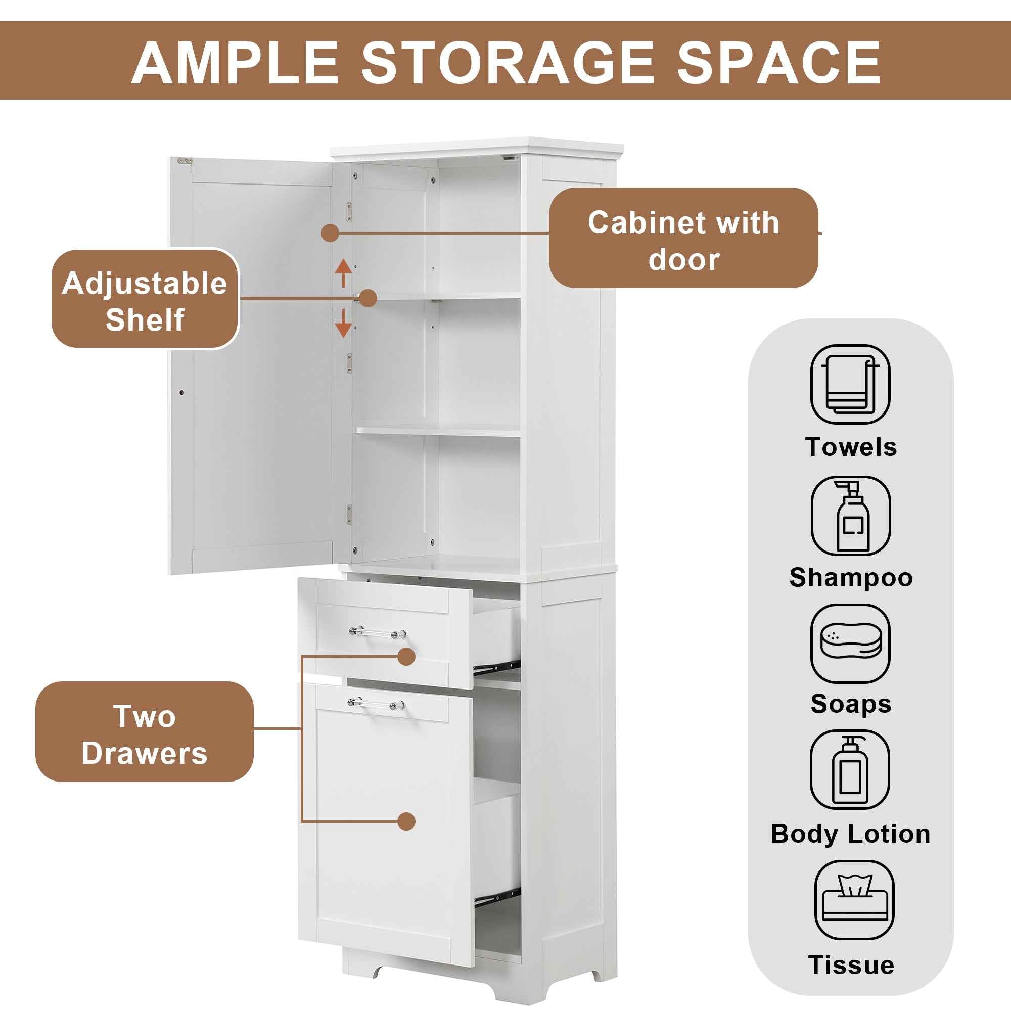 Tall Bathroom Storage Cabinet, Freestanding Storage Cabinet with Two Different Size Drawers and Adjustable Shelf, MDF Board with Painted Finish, White (Old Sku:WF312730AAK)