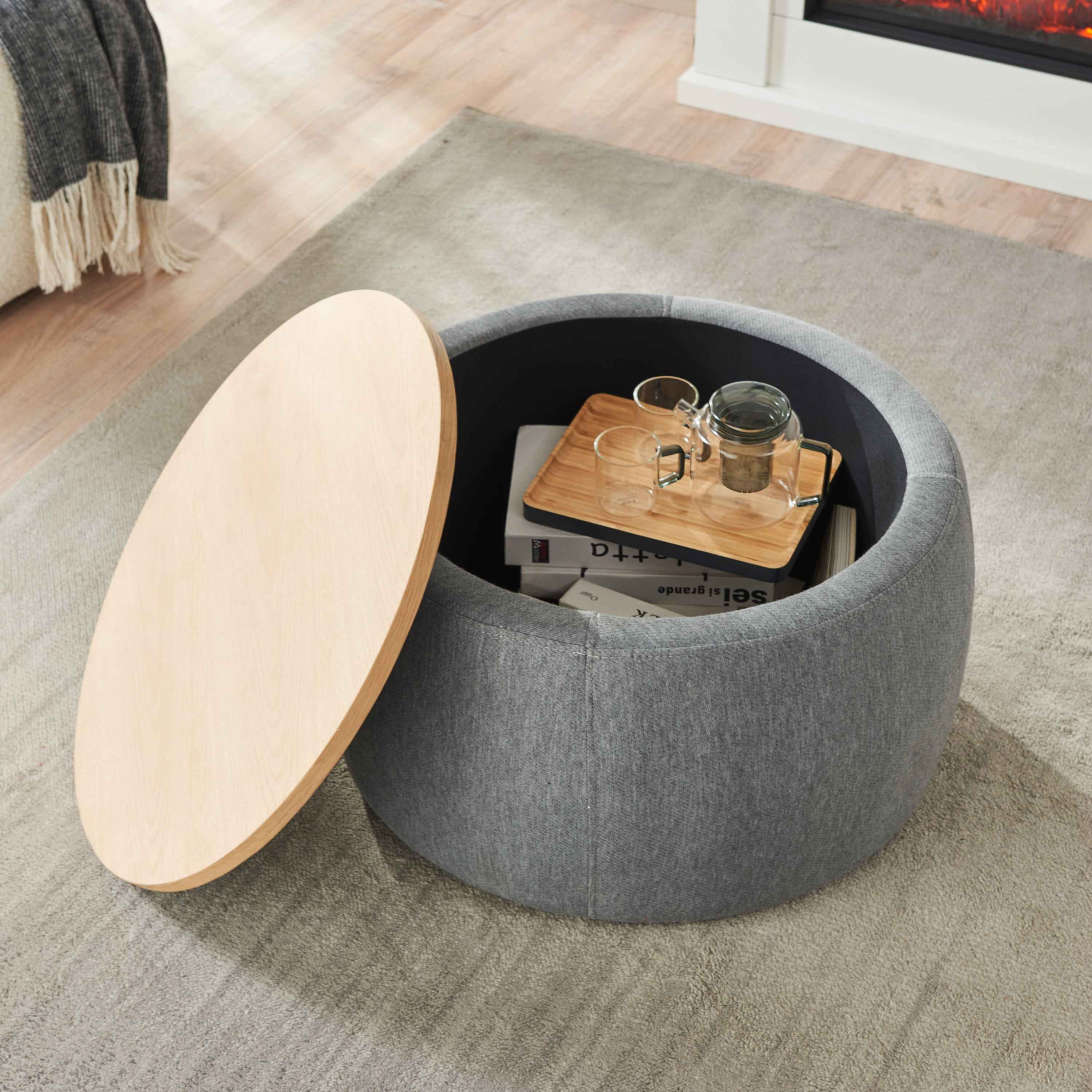 Round Storage Ottoman, 2 in 1 Function, Work as End table and Ottoman, Dark Grey (25.5'x25.5'x14.5')