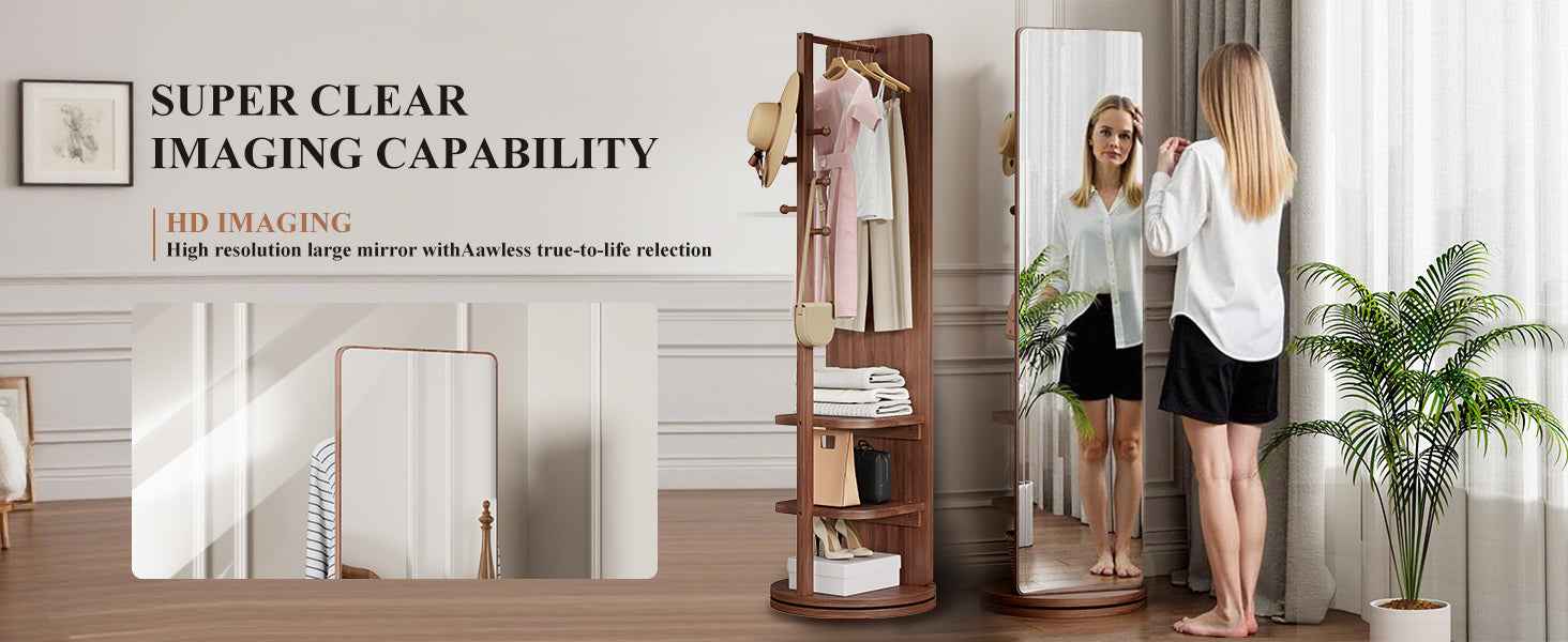 360° Rotating 69'x16' Multifunctional Full Length Mirror with Hook Storage Rack Coat Rack with Mirror Solid Wood Floor Mirror Bedroom Living Room Cloakroom Space Saving (walnut)