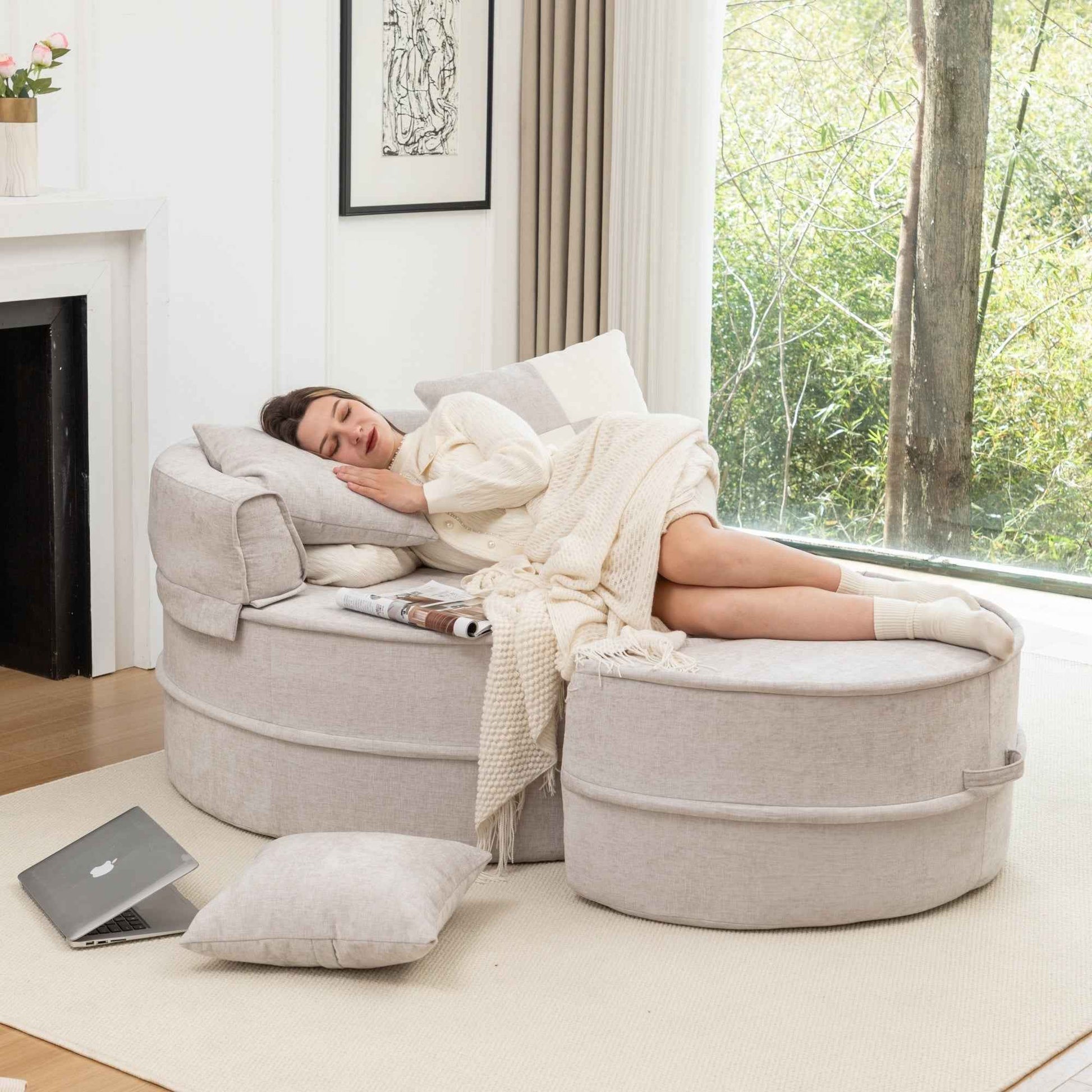 Modern Oversized  Gray Round Barrel Accent Chair with Ottoman – Velvet Upholstered Lounge Armchair with 5 Pillows for Living Room or Bedroom
