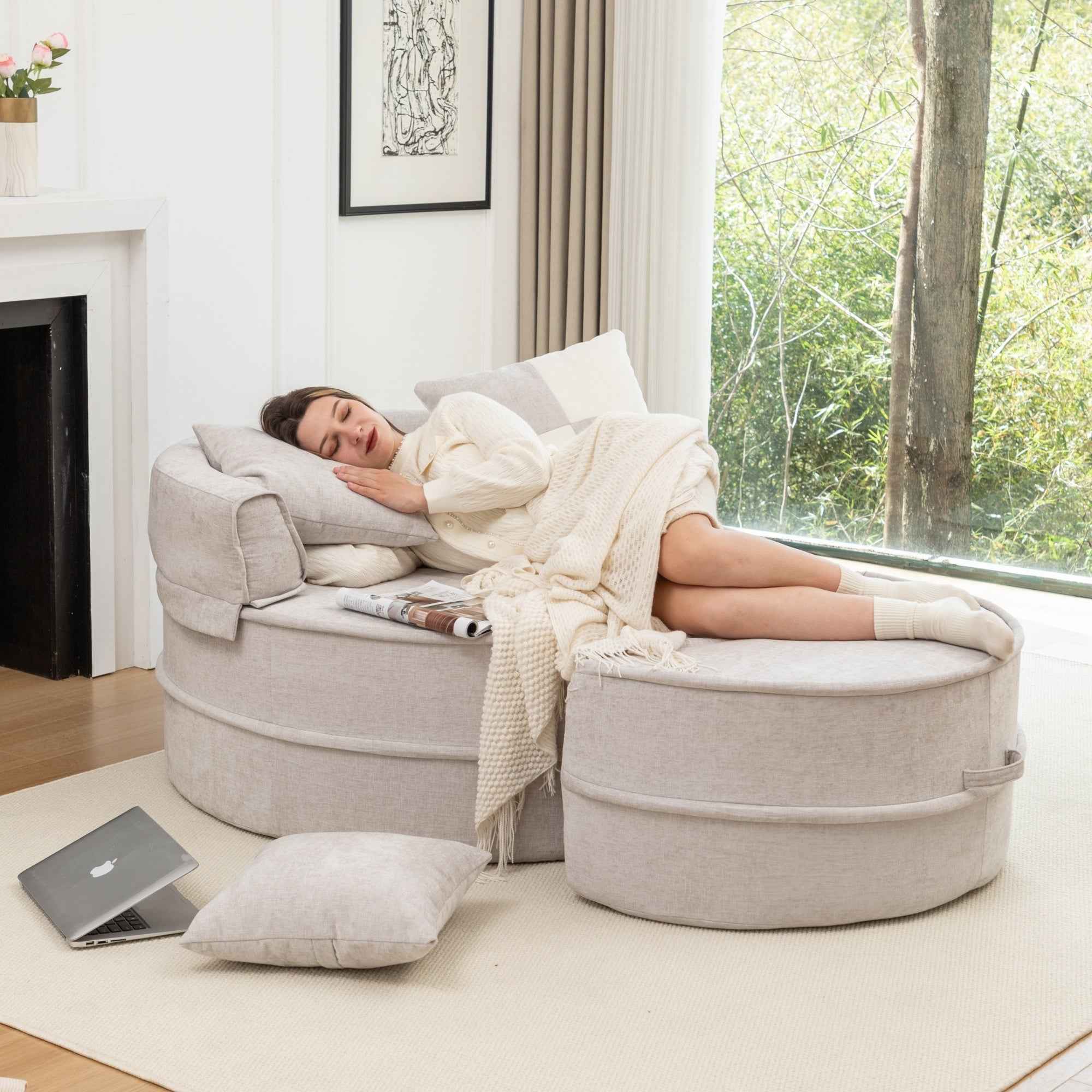 Modern Oversized  Gray Round Barrel Accent Chair with Ottoman – Velvet Upholstered Lounge Armchair with 5 Pillows for Living Room or Bedroom