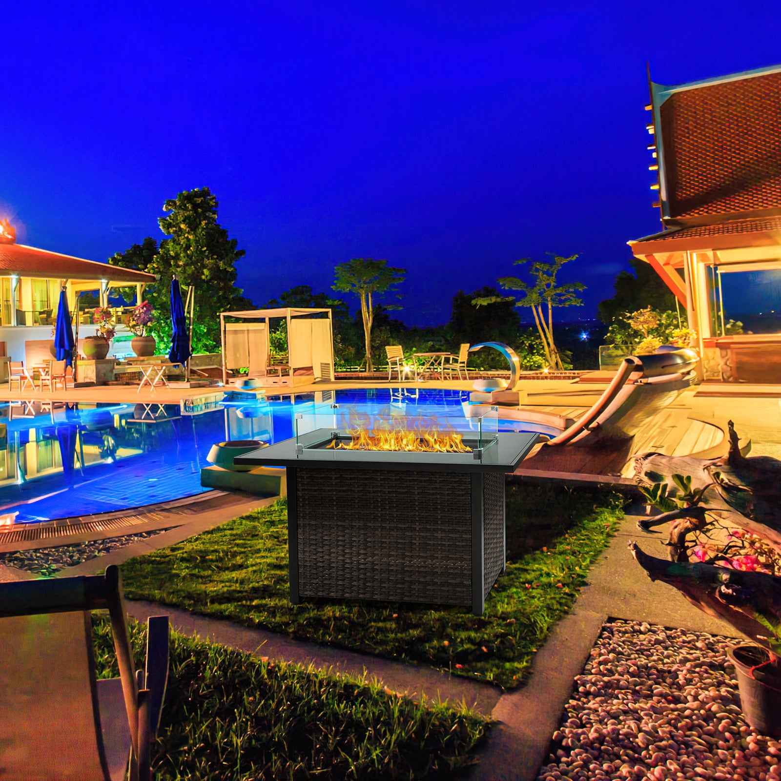 Outdoor Fire Pit 50,000 BTU Propane Gas Fire Table with Lid Fireplace with Glass Wind Guard Wicker Base for Garden, Patio, Backyard, 44'