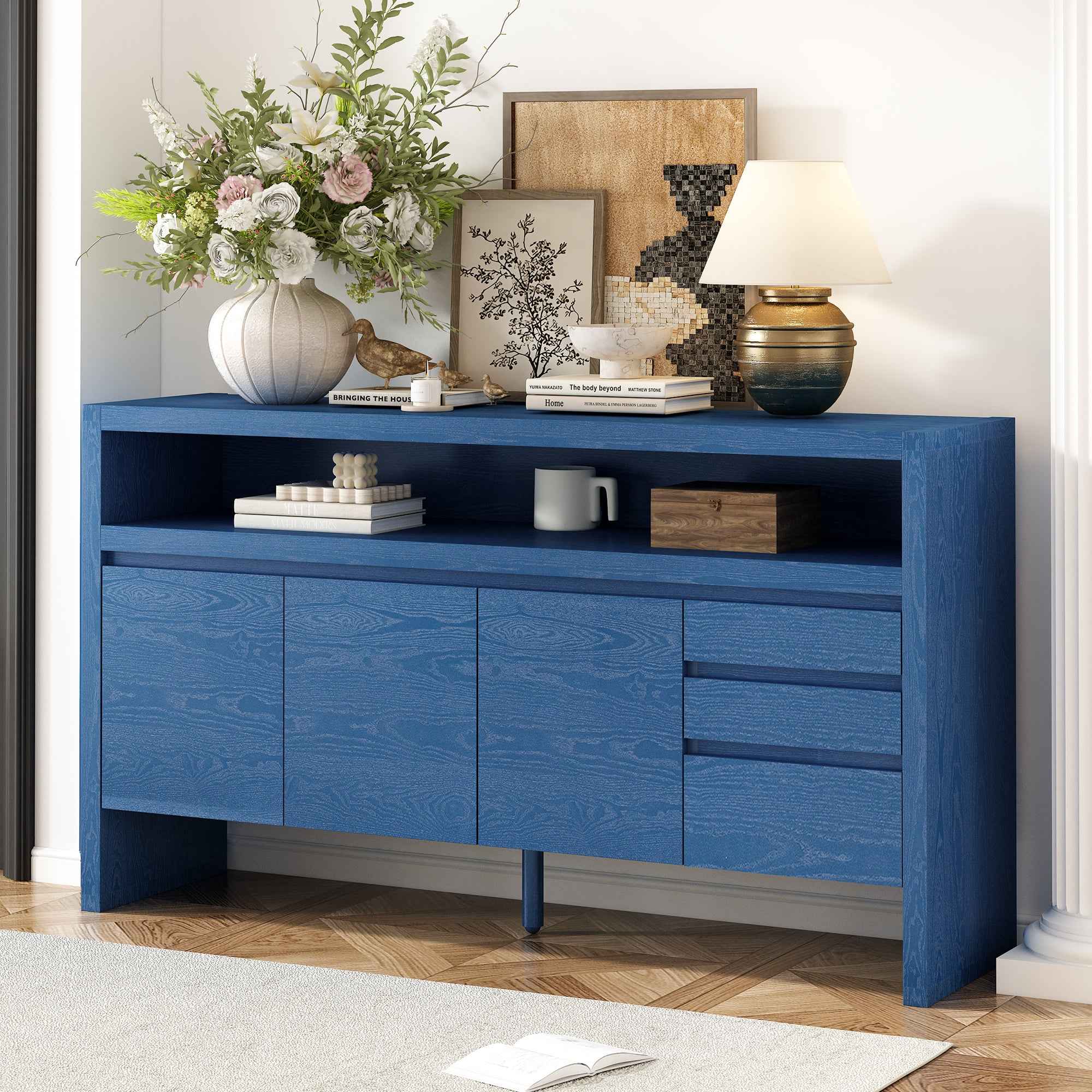 U_Style 60' 3-Door Sideboard with 3 Drawers - Modern Solid Ash Veneer MDF Sideboard, Semi-Open Shelf & Center Semi-Circular Cutout in Back Panel, Large Storage Cabinet for Living Room, Hallway, Dining