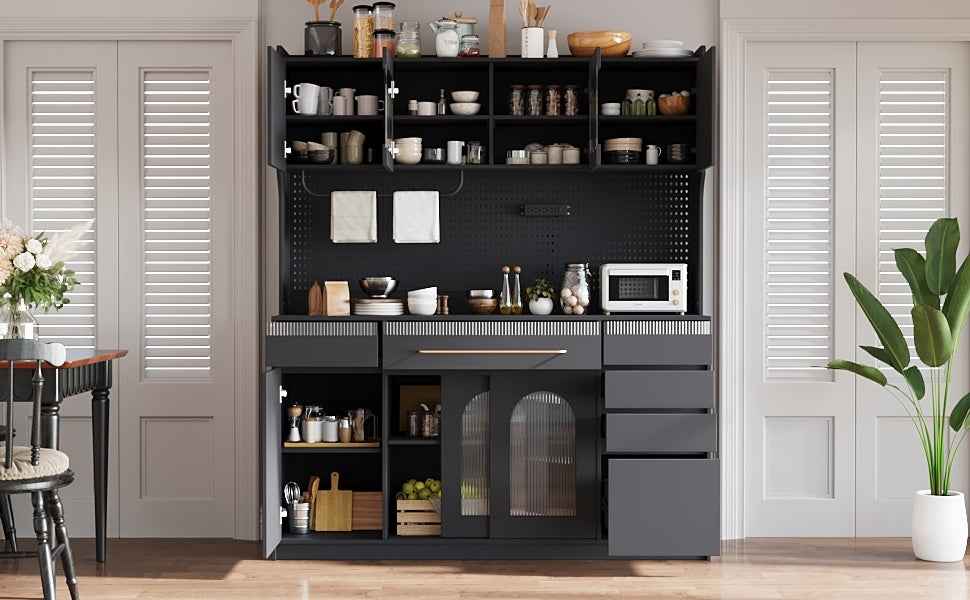 (Assembly Video Offered) TOPMAX Freestanding 63'' W Buffet with Hutch, Large Coffee Bar Storage Cabinet with 6 Drawers, 5 Cabinets with Adjustable Shelves,Pegboard,Towel Rack, Power Outlet,Black