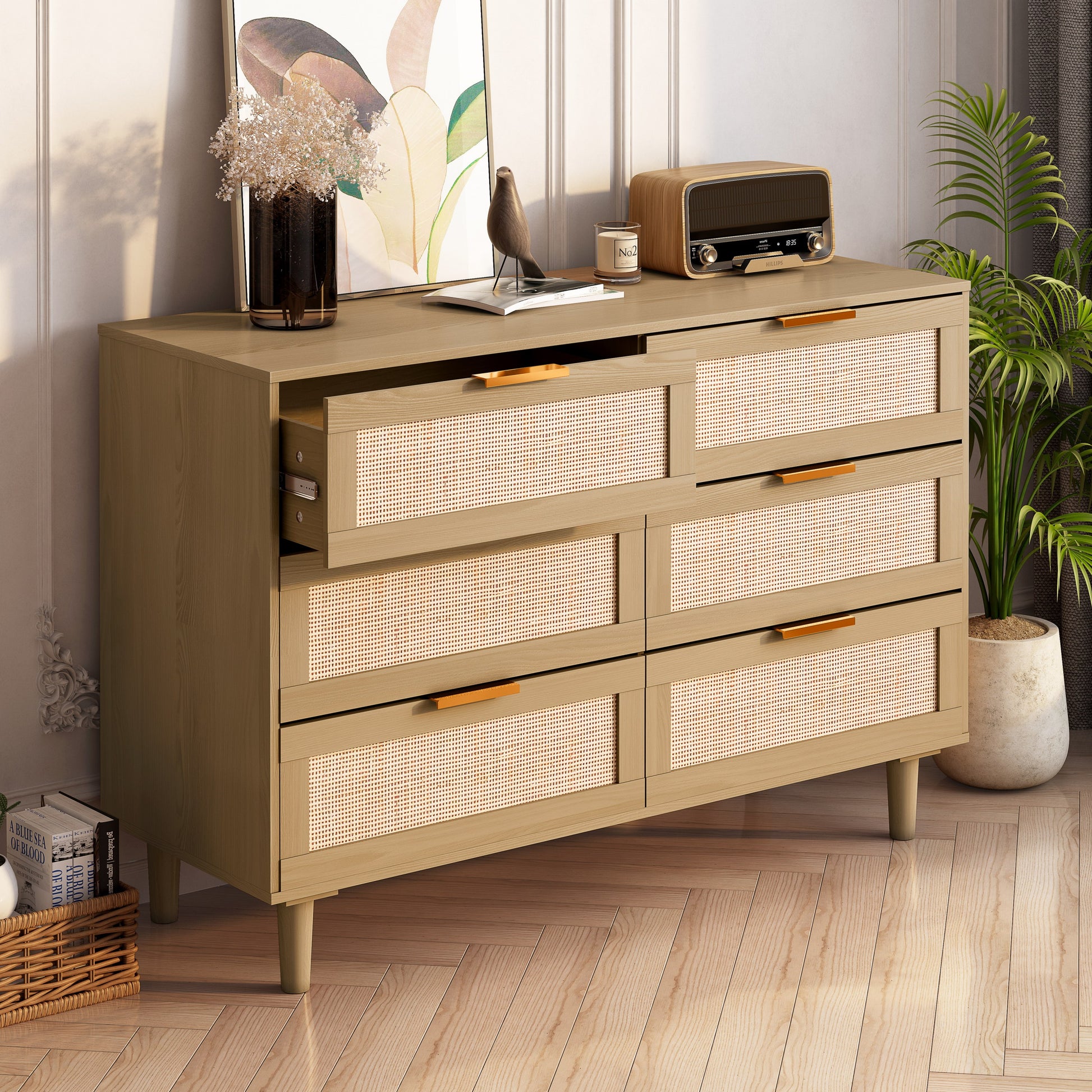 6 drawers Rattan dresser Rattan Drawer, Bedroom,Living Room - Abrihome