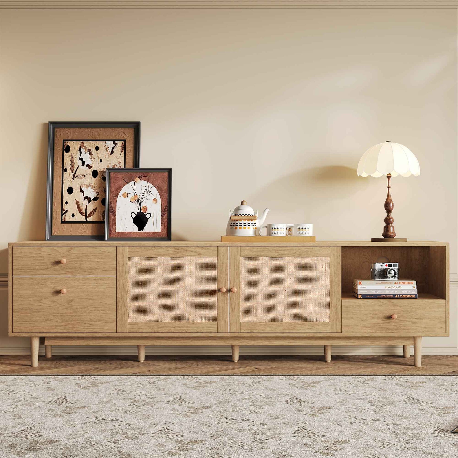 Boho TV Stand for 65 75 85 Inch TV with Real Rattan Doors, Modern Wood Media Console in Natural Finish, 76.6'' L x 15.7'' W x 23.6'' H
