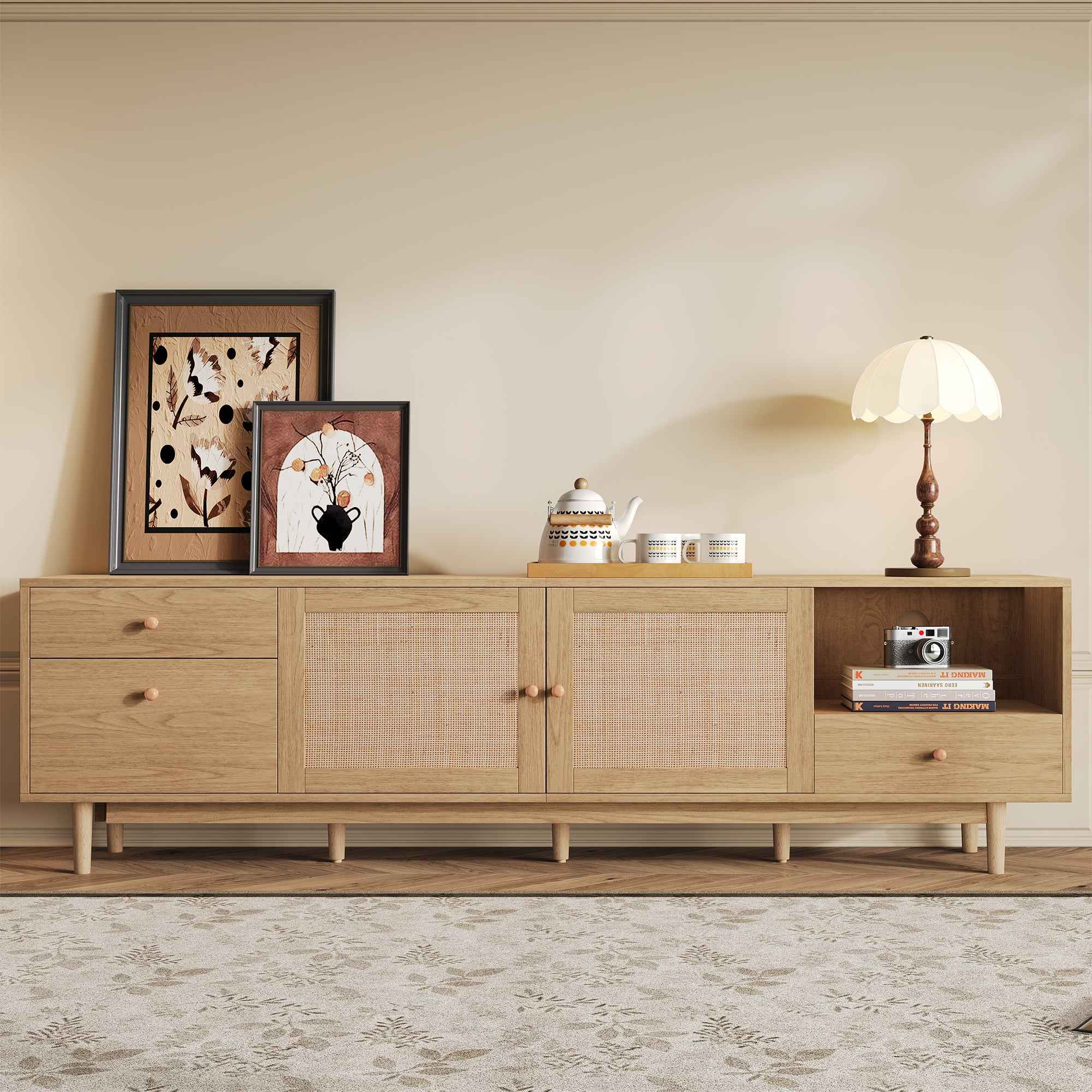 Boho TV Stand for 65 75 85 Inch TV with Real Rattan Doors, Modern Wood Media Console in Natural Finish, 76.6'' L x 15.7'' W x 23.6'' H