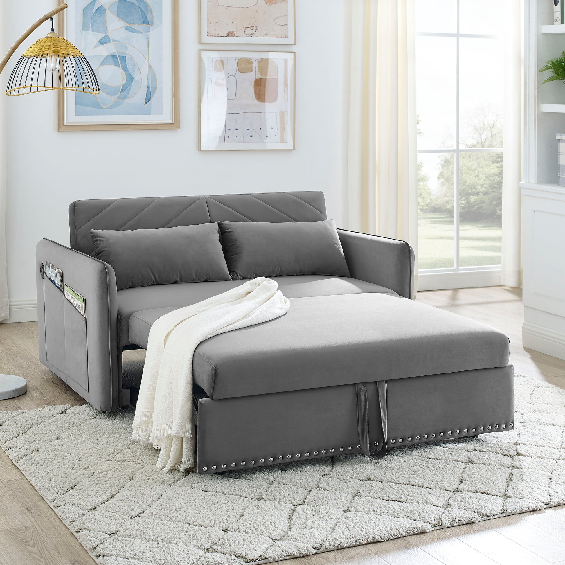 MH' Sleeper Sofa Bed w/USB Port, 3-in-1 adjustable sleeper with pull-out bed, 2 lumbar pillows and side pocket, soft velvet convertible sleeper sofa bed, suitable for living room bedroom - Abrihome