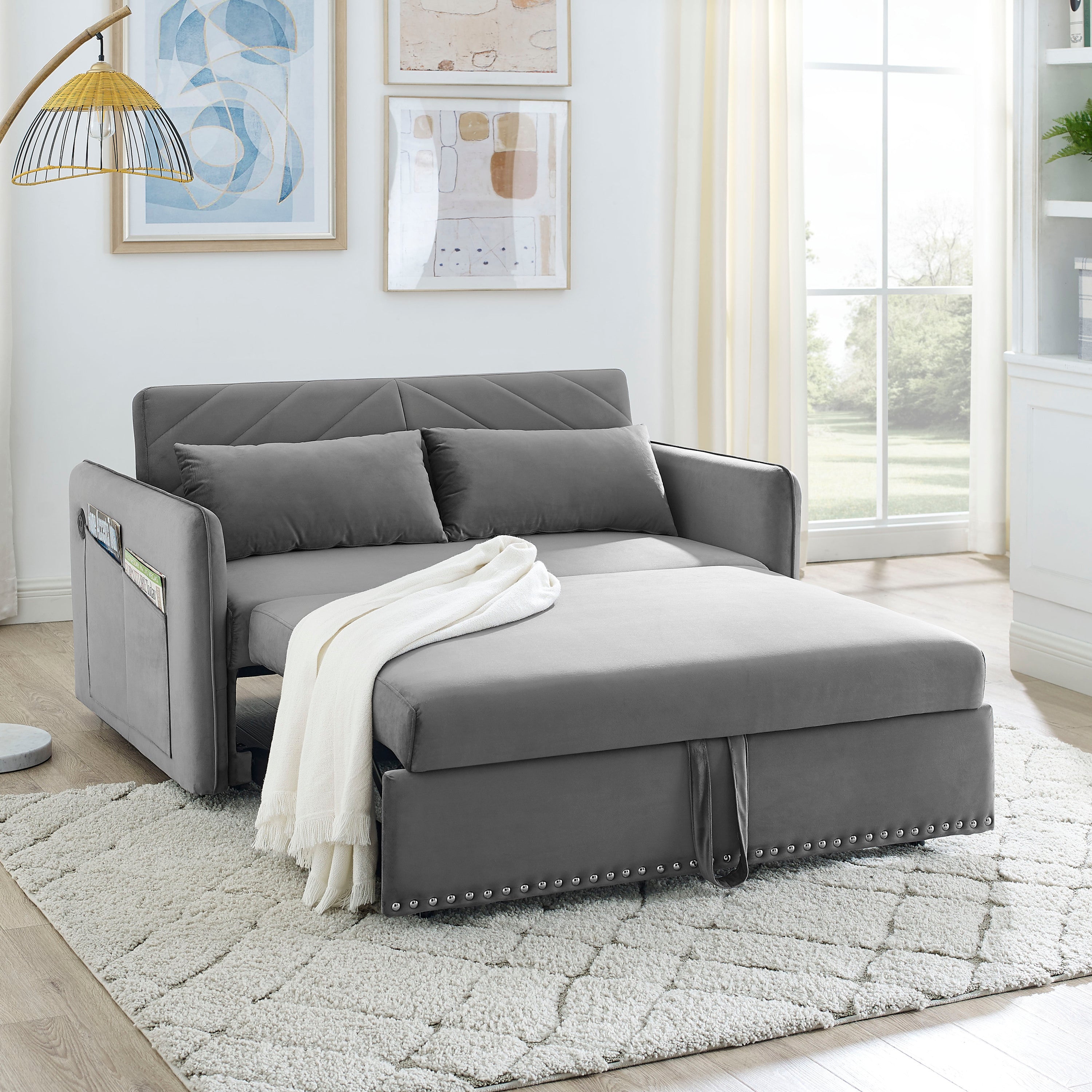 MH' Sleeper Sofa Bed w/USB Port, 3-in-1 adjustable sleeper with pull-out bed, 2 lumbar pillows and side pocket, soft velvet convertible sleeper sofa bed, suitable for living room bedroom - Abrihome