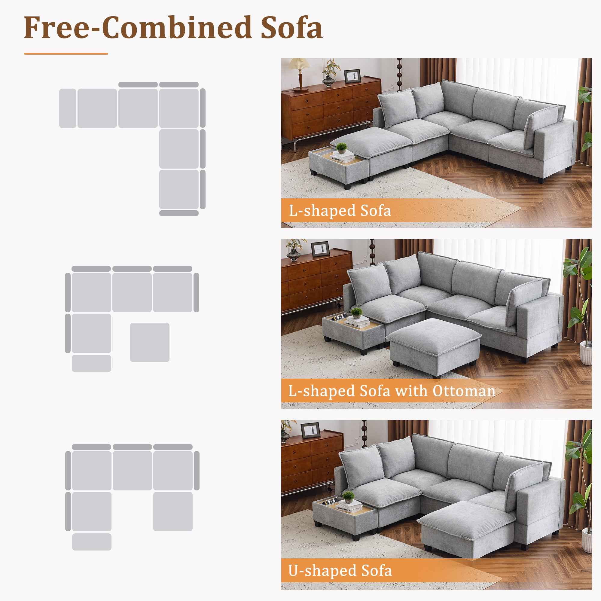 Modular 90' U-shaped Sectional Sofa with Movable Ottoman and Hidden Charging Coffee Table, Grey, Chenille