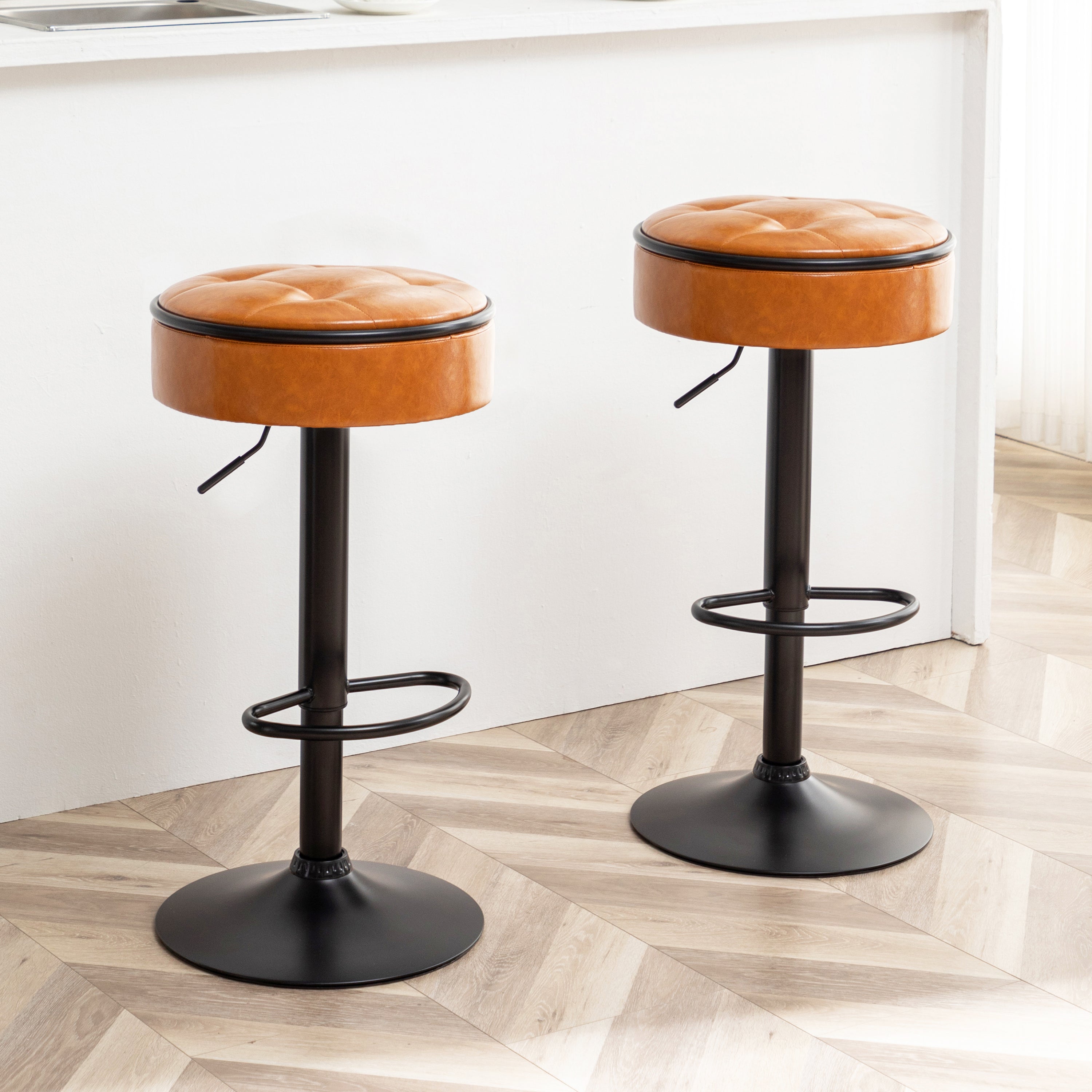 Round Storage Bar Stool Set of 2, Brown Faux Leather Height Adjustable Barstool, 360°Counter Height Swivel Stool, Armless Bar Chair with Metal Frame for Kitchen Counter Dining Living Room