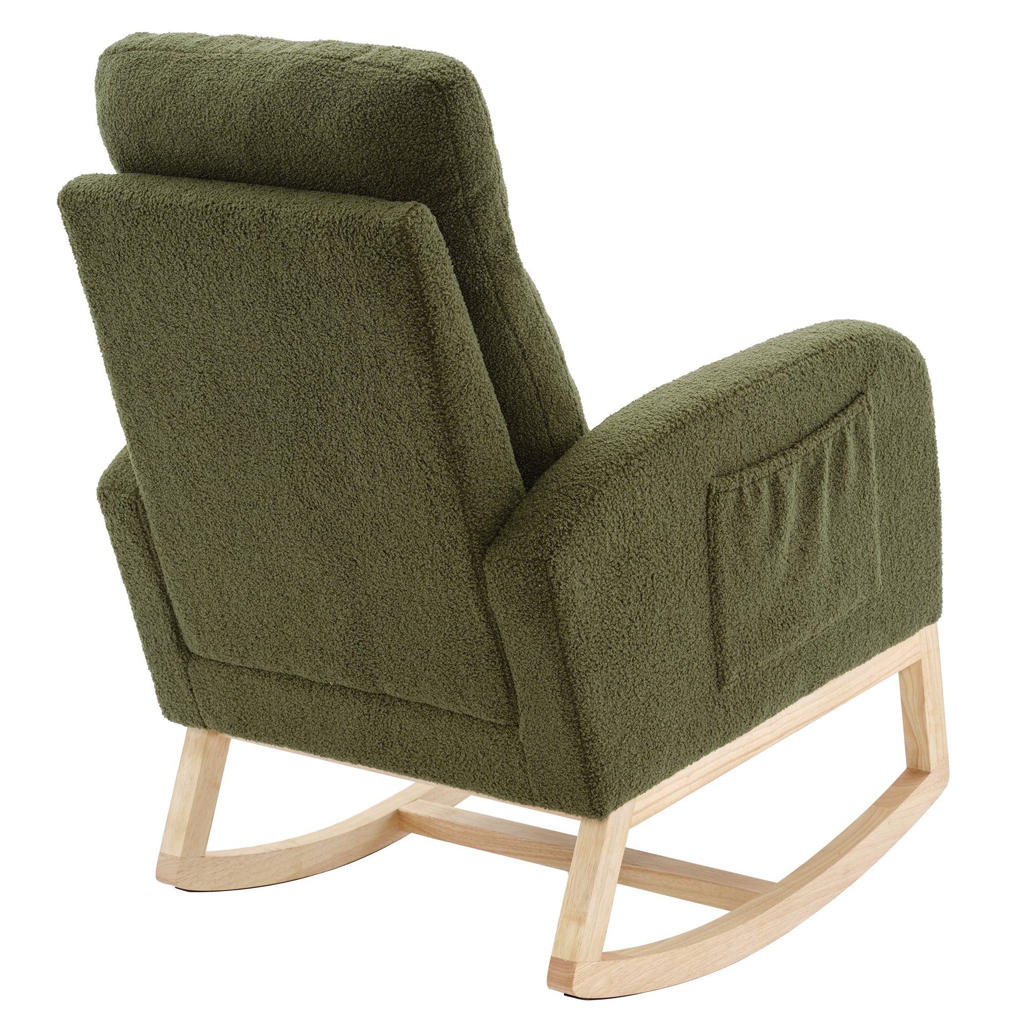 Modern Accent Rocking Chair Rocking Chair with Solid Wood Legs, Upholstered Nursery Glider Rocker, Comfy Armchair with Side Pocket, Living Room Lounge Arm Chair with High Backrest (Dark green,teddy)