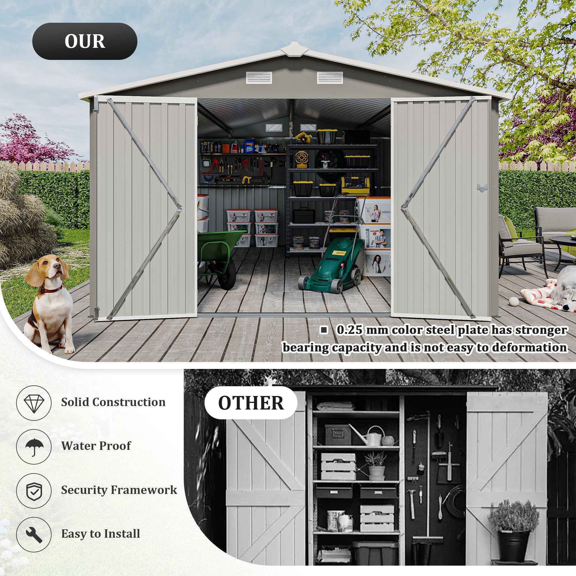 Campcraft  Outdoor Storage Shed 10×14 FT with 3 Lockable Doors,4 Air Vents & Sloped Roof,Utility Tool Shed Metal Storage Garden Sheds  Frame and 4 Vents,for Backyard,Patio,Lawn,Light Grey