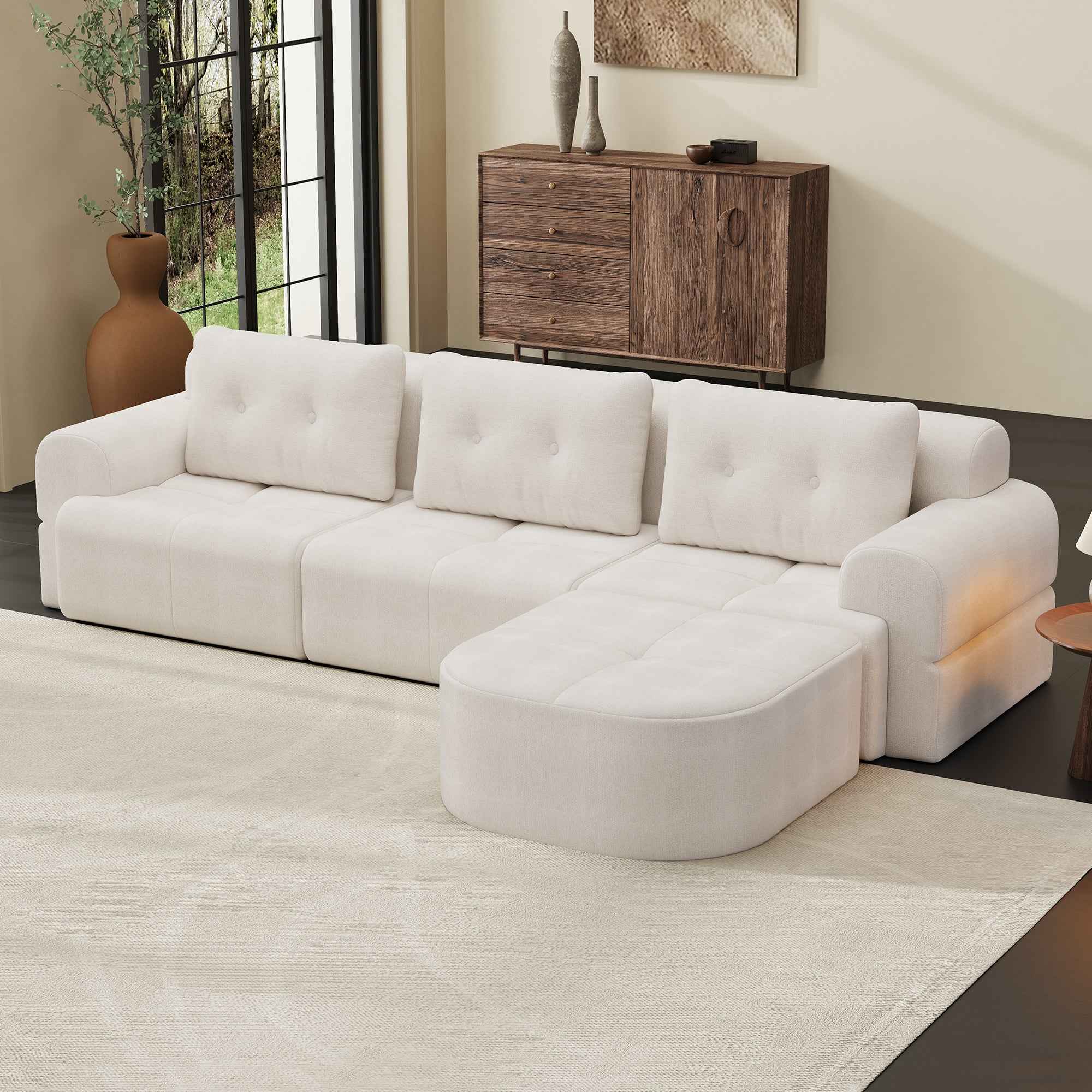 Modular Sectional Sofa Couch with Chaise, Full-Foam Structure, Compression Packaging Design, Woven Texture Upholstery, Oversized Modern Sofa for Living Room