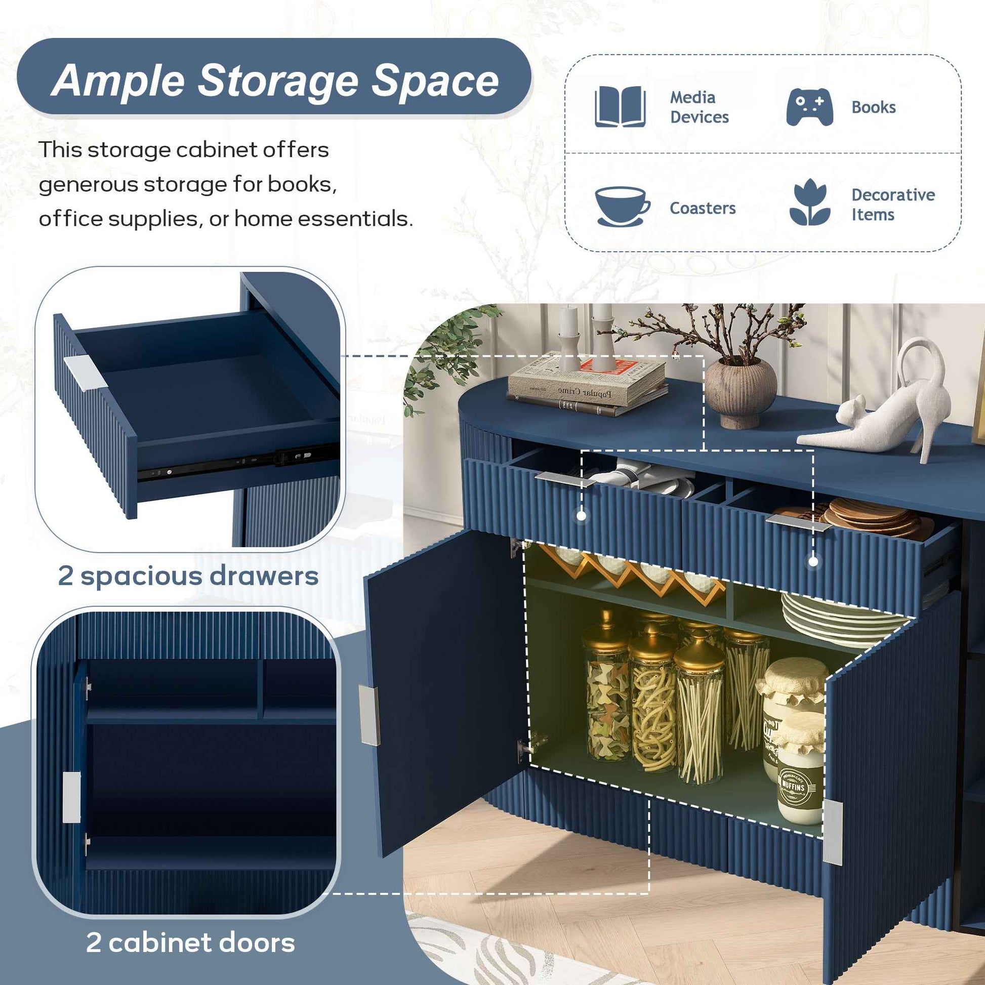 U_STYLE 55.1' Modern Storage Cabinet – 2 Doors & 2 Drawers, Stripe MDF Sideboard with Aluminum Handles, Curved Side Door & 3-Tier Shelves, Buffet Cabinet for Living Room, Bedroom, Dining Room