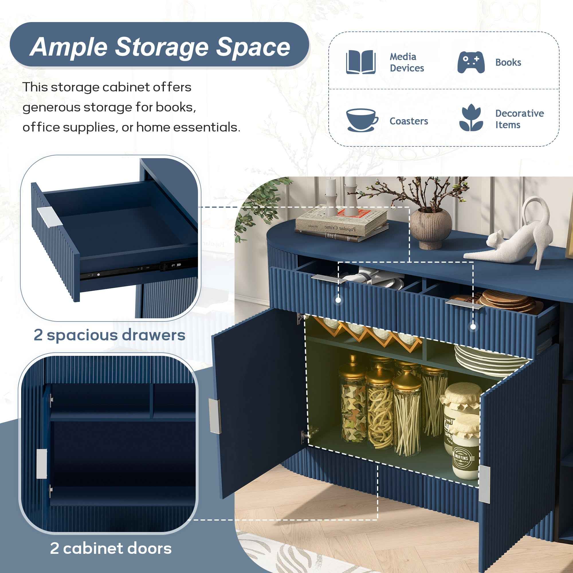 U_STYLE 55.1' Modern Storage Cabinet – 2 Doors & 2 Drawers, Stripe MDF Sideboard with Aluminum Handles, Curved Side Door & 3-Tier Shelves, Buffet Cabinet for Living Room, Bedroom, Dining Room