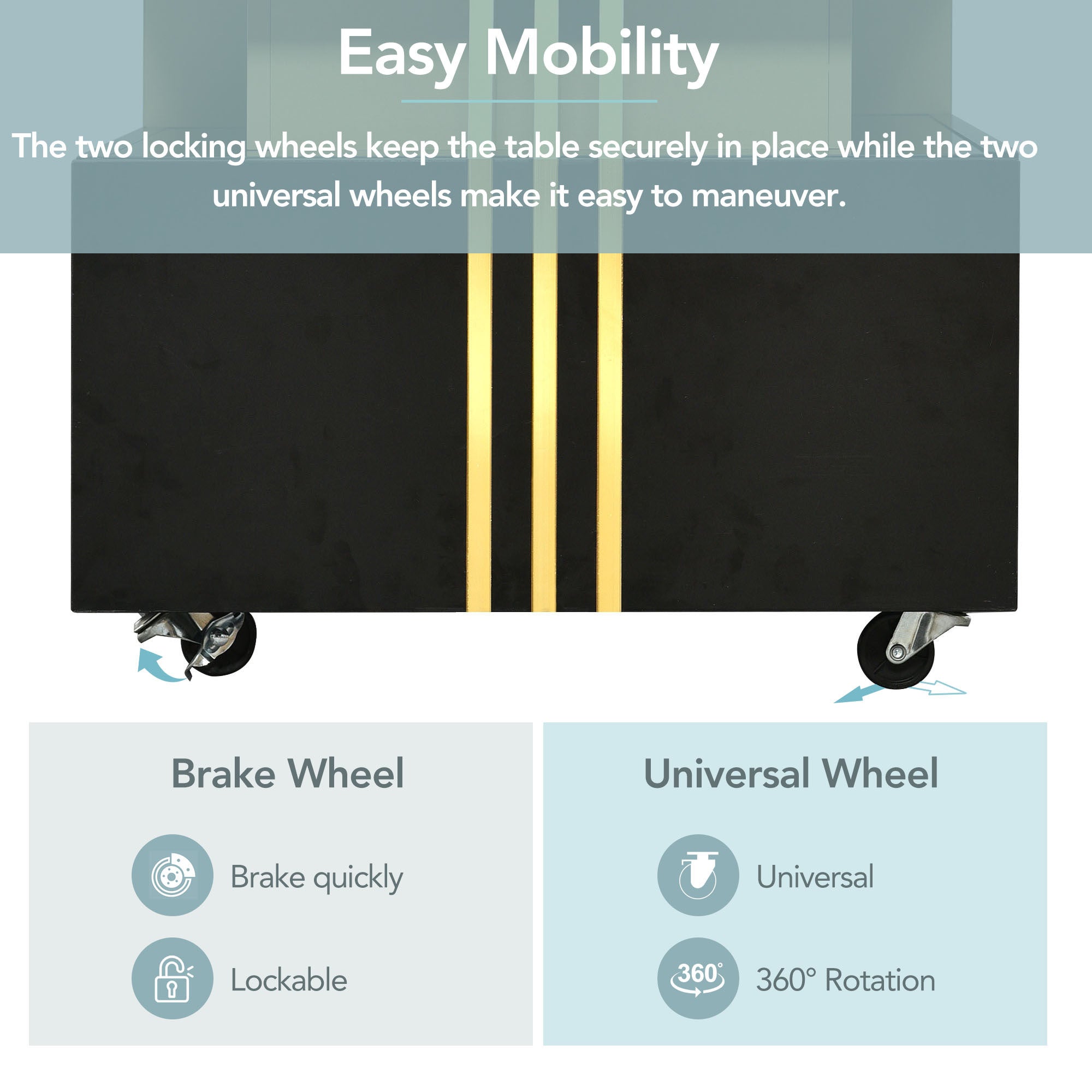 [VIDEO provided] ON-TREND Contemporary Coffee Table with Faux Marble Top, Rectangle Cocktail Table with Caster Wheels, Moderate Luxury Center Table with Gold Metal Bars for Living Room, Black - Abrihome