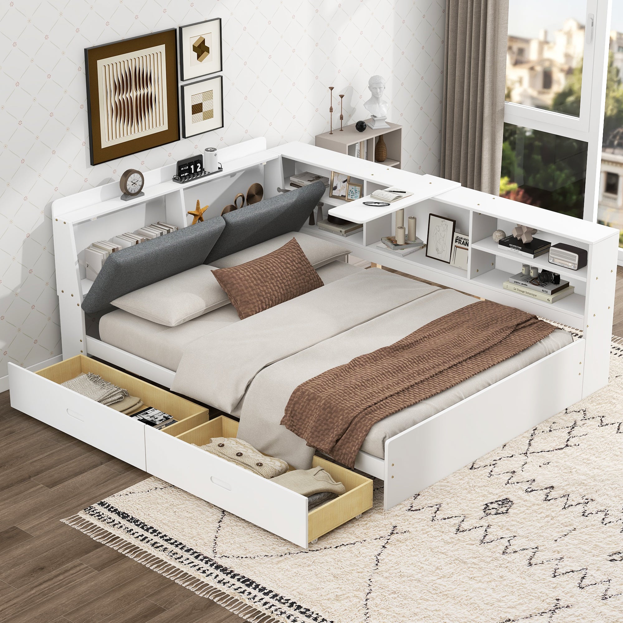 Wood Full Size platform bed with Storage Headboard, Shelves and 2 Drawers, White - Abrihome