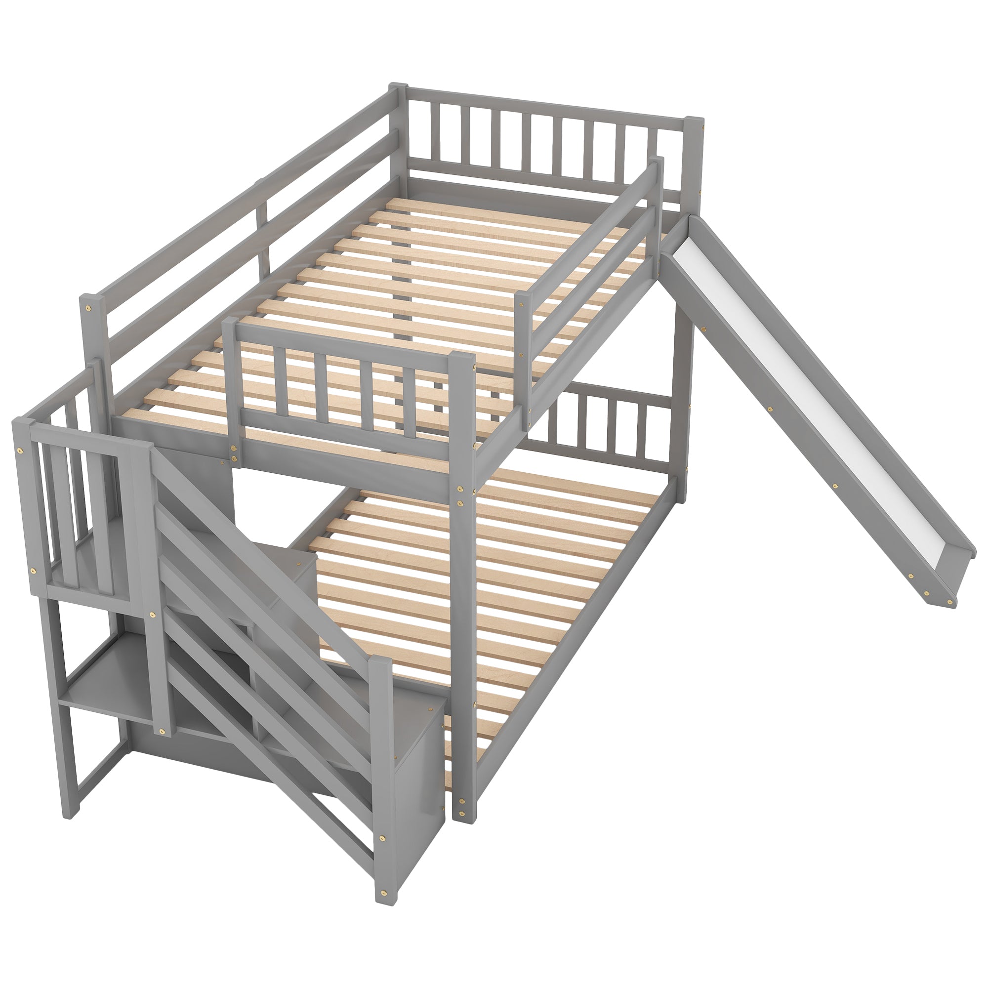 Twin over Twin Bunk Bed with Convertible Slide and Stairway, Gray