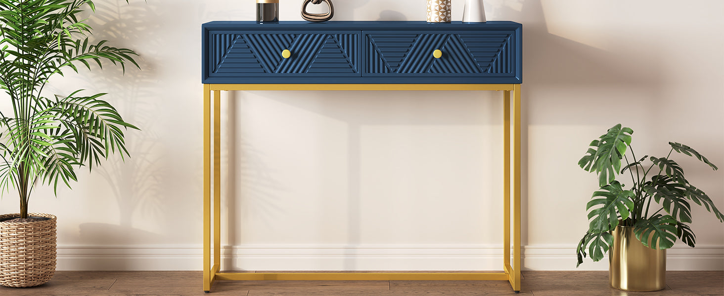 TREXM Modern Sleek Console Table Two Drawers with Stripe Design for Living Room and Entryway (Navy)