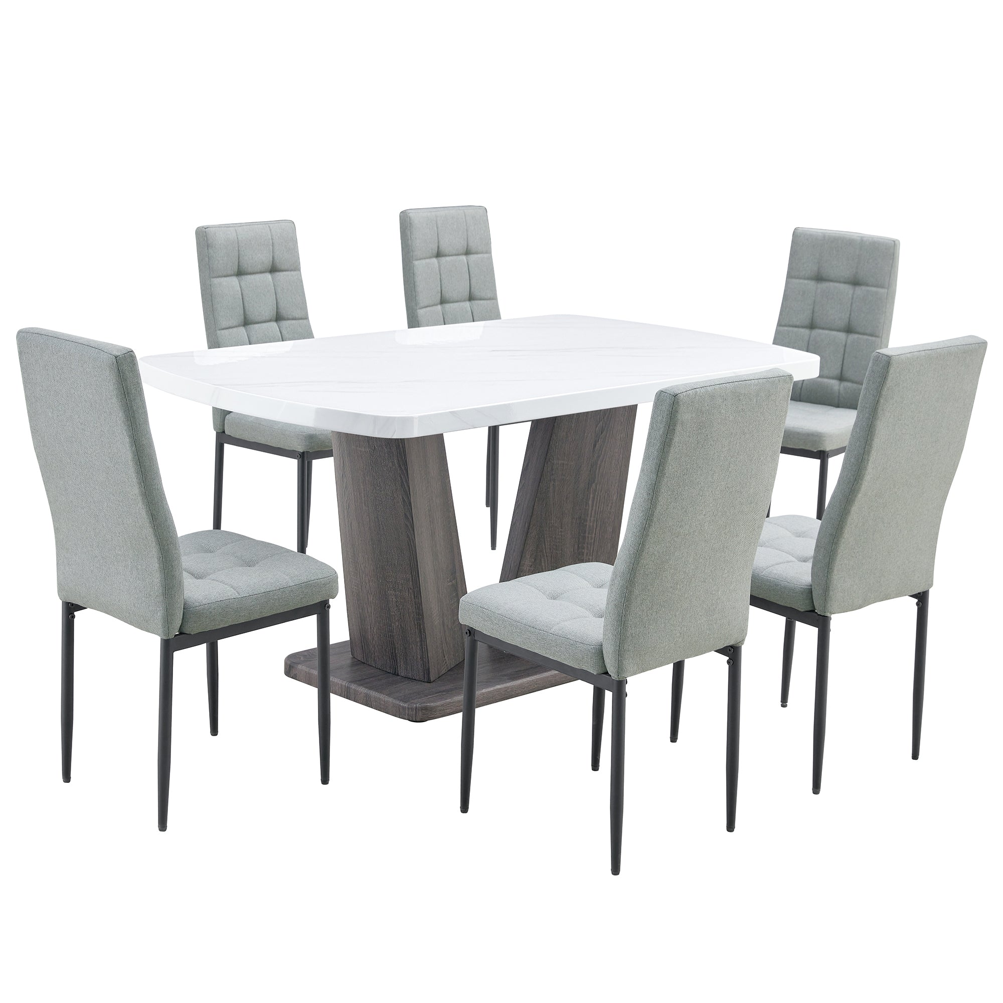 Modern Dining Table Set for 6, 7 Piece Dining Set, 63" Rectangle Kitchen Table with 6 Upholstered Chairs, 1.8" Thickness Tabletop and V-shaped Table Legs, White Faux Marble Dining Set for Kitchen Room