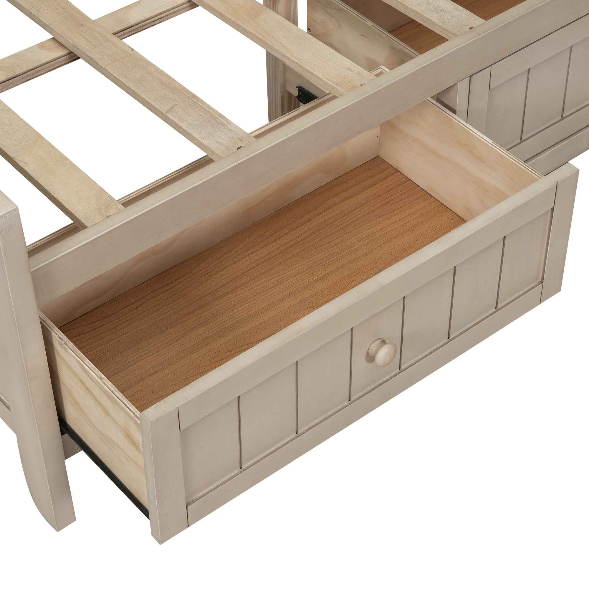 Twin Size Wood Daybed with Storage Shelves and 3 Drawers in Antique White Milk Finish, Solid Pine Wood and MDF