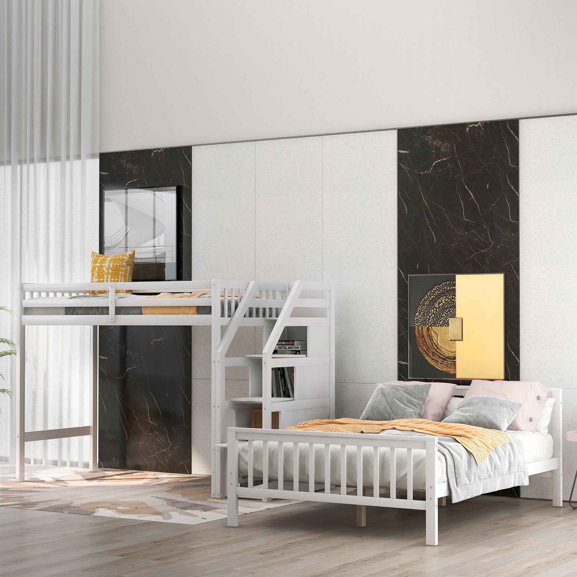 White Twin over Full Loft Bed with Staircase and Storage, Pine Wood + MDF, 97.2''L x 78.4''W x 61.4''H