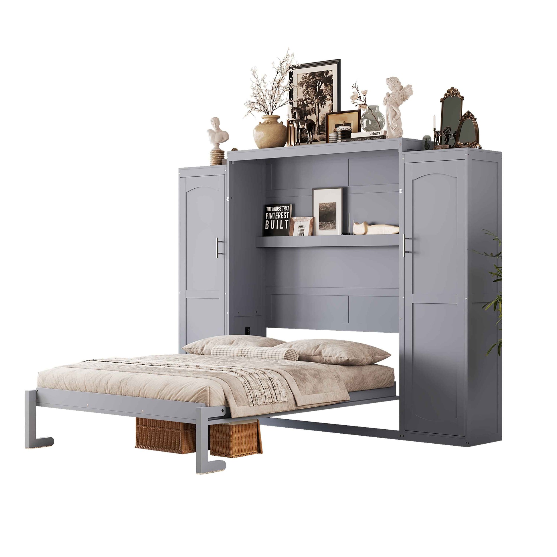 Full Size Murphy Bed, Wooden Full Wall Bed with 2 Wardrobe and Storage Shelf, Multifunctional Foldable Platform Bedframe for Guest-Room, Bedroom, Gray