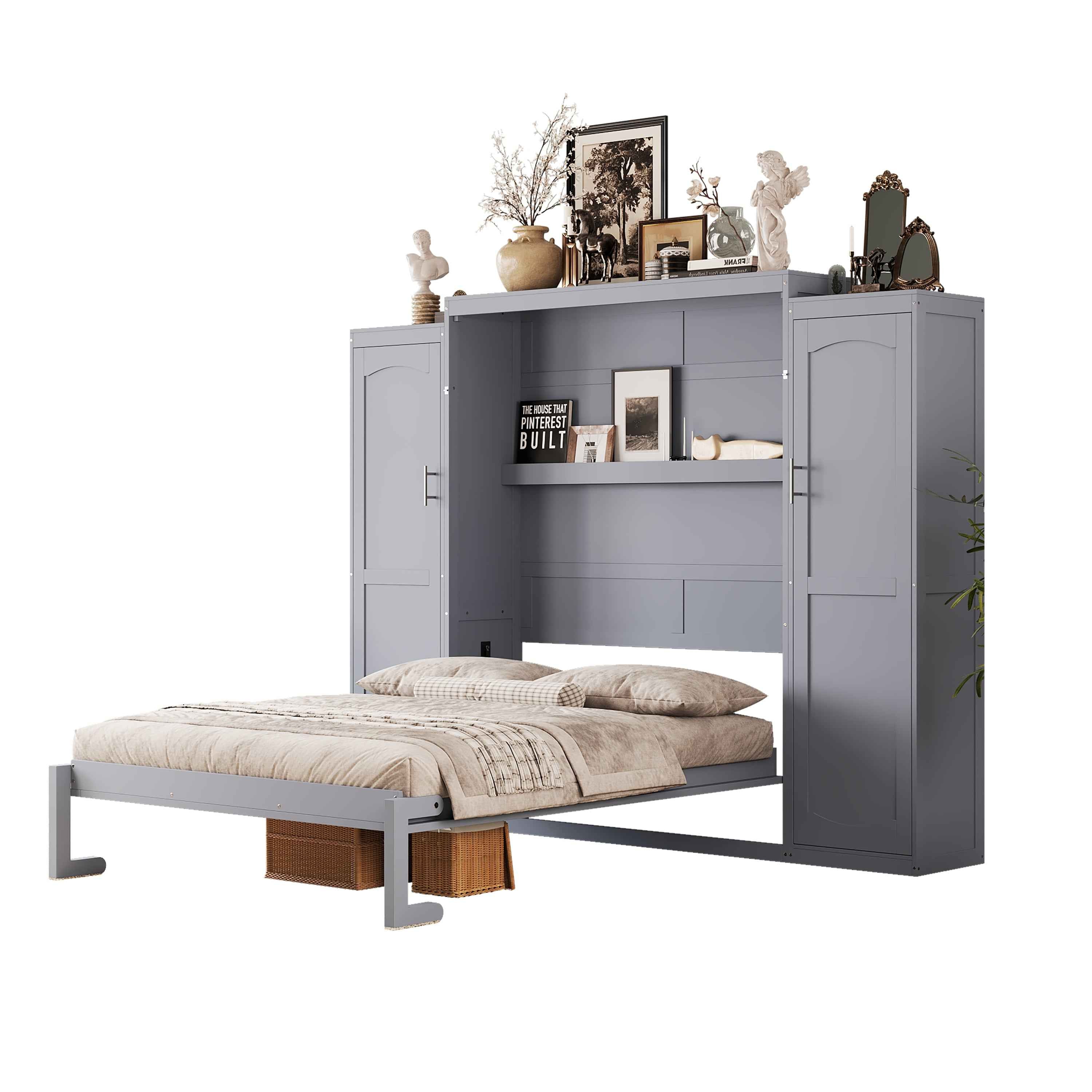 Full Size Murphy Bed, Wooden Full Wall Bed with 2 Wardrobe and Storage Shelf, Multifunctional Foldable Platform Bedframe for Guest-Room, Bedroom, Gray