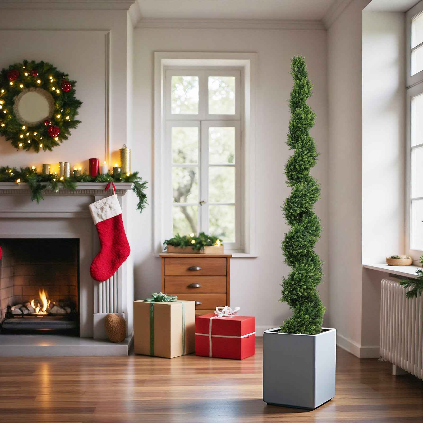 7FT Tall Artificial Two-Tone Cypress Pine Tree – Realistic Lifelike Faux Greenery with Natural Dual Color Leaves for Indoor Outdoor Home Office Decoration, Potted Fake Tree, 1pc/set