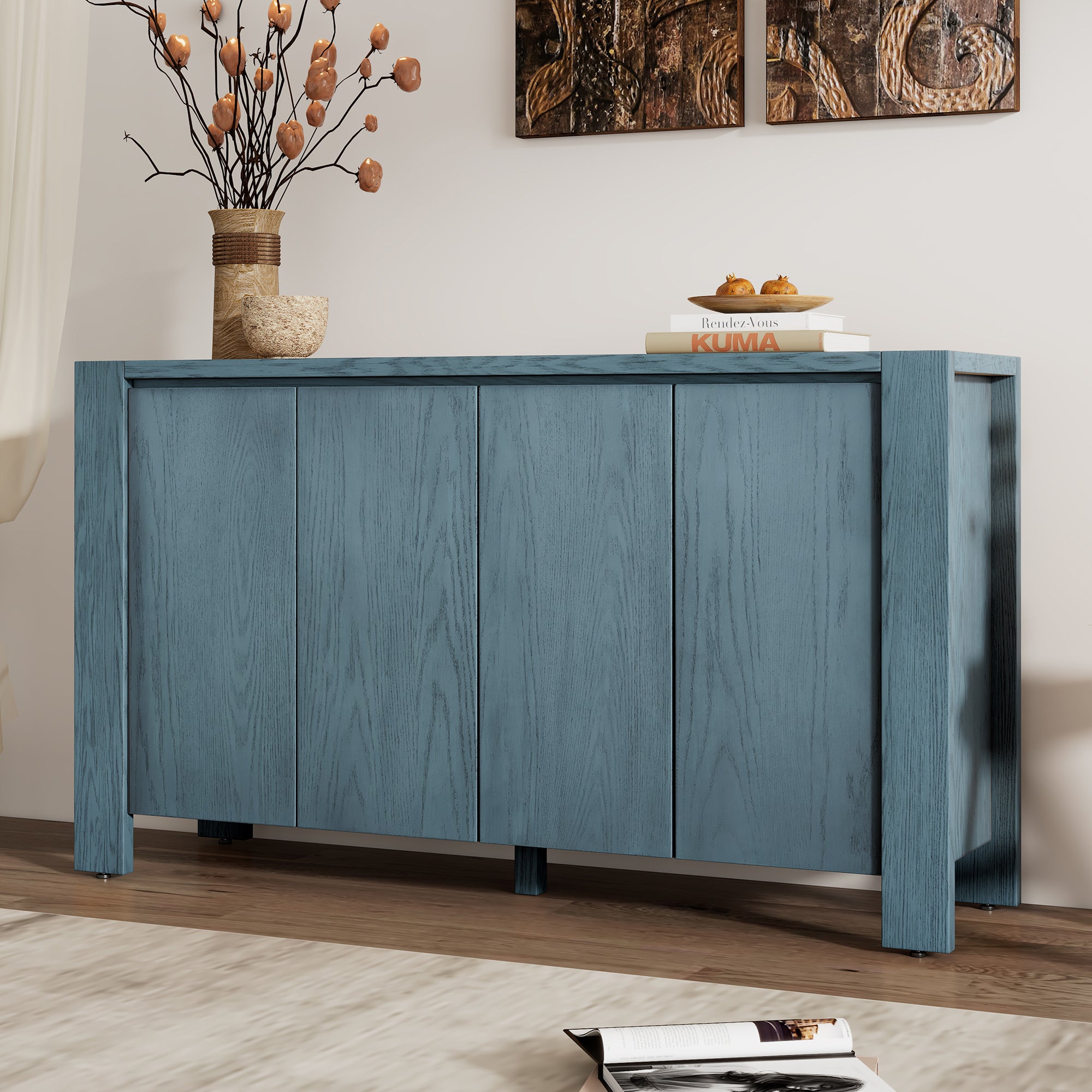 TREXM Retro 4-door Sideboard with Distressed Finish and Adjustable Shelves for Dining Room, Kitchen, and Living Room (Navy)