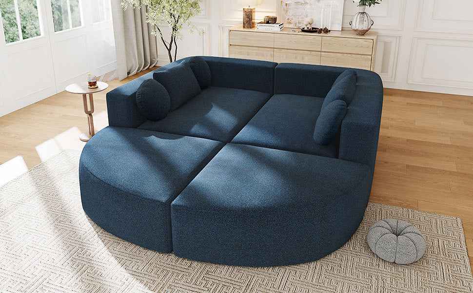 Boneless Couch Modular Sectional Sofa with Deep Seating and Curved Design in Blue Boucle, 114.9 Inches