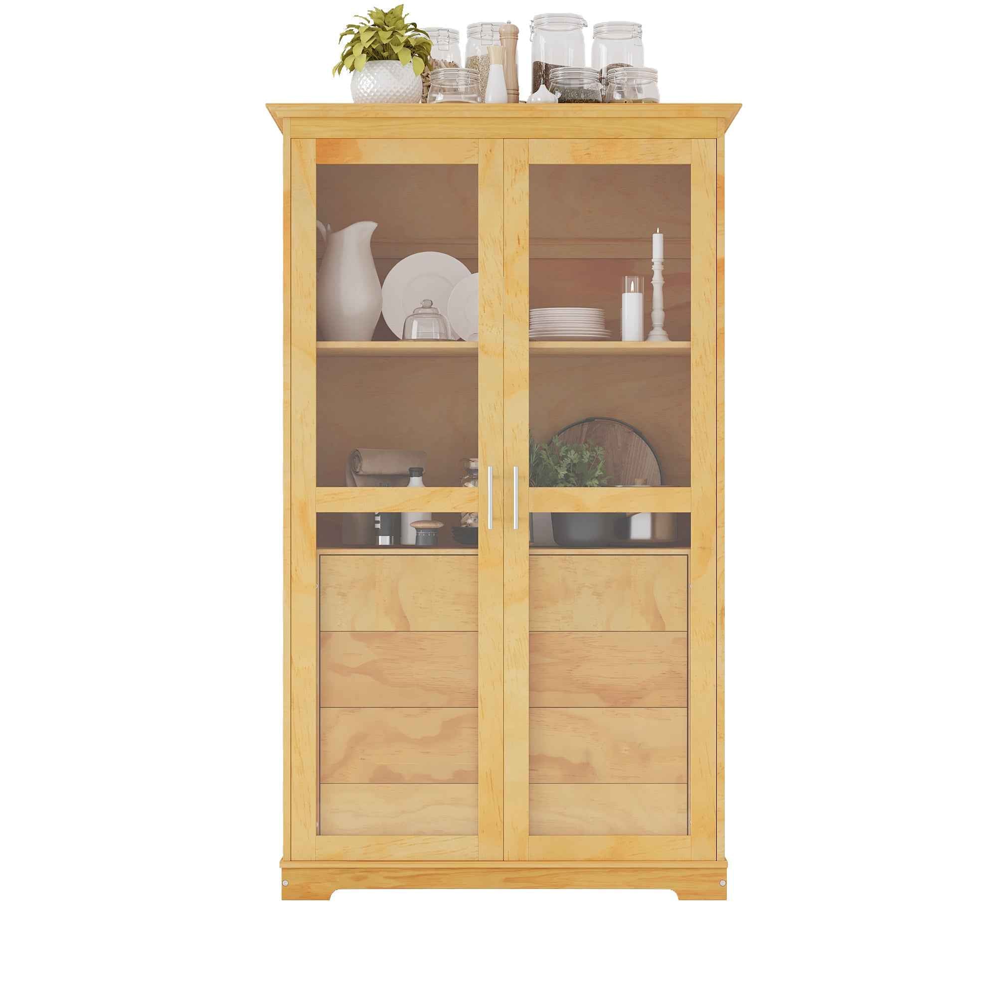 TOPMAX 44.7x20x75inch Kitchen Pantry, Freestanding Kitchen Storage Cabinet Display Cabinet with Glass Doors and 4 Built-in Drawers for Living Room, Home Office, Natural