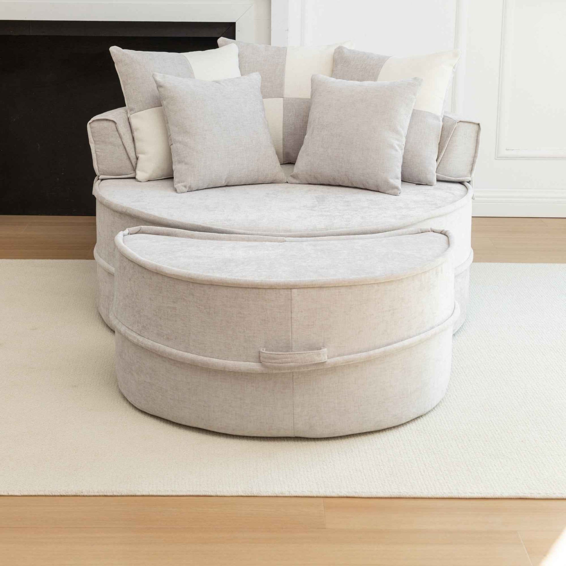 Modern Oversized  Gray Round Barrel Accent Chair with Ottoman – Velvet Upholstered Lounge Armchair with 5 Pillows for Living Room or Bedroom
