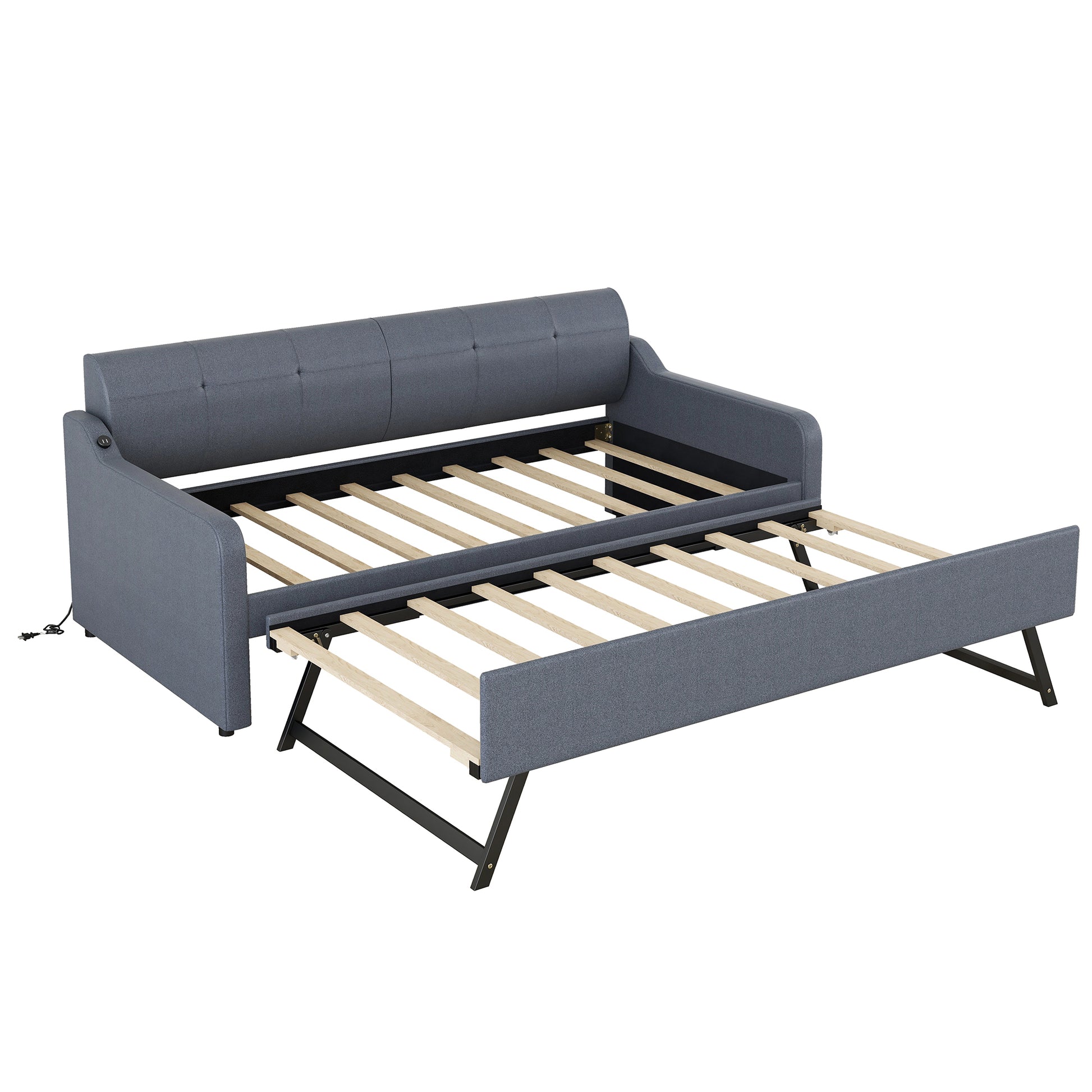 Twin Size Upholstery DayBed with Trundle and USB Charging Design,Trundle can be flat or erected,Gray - Abrihome