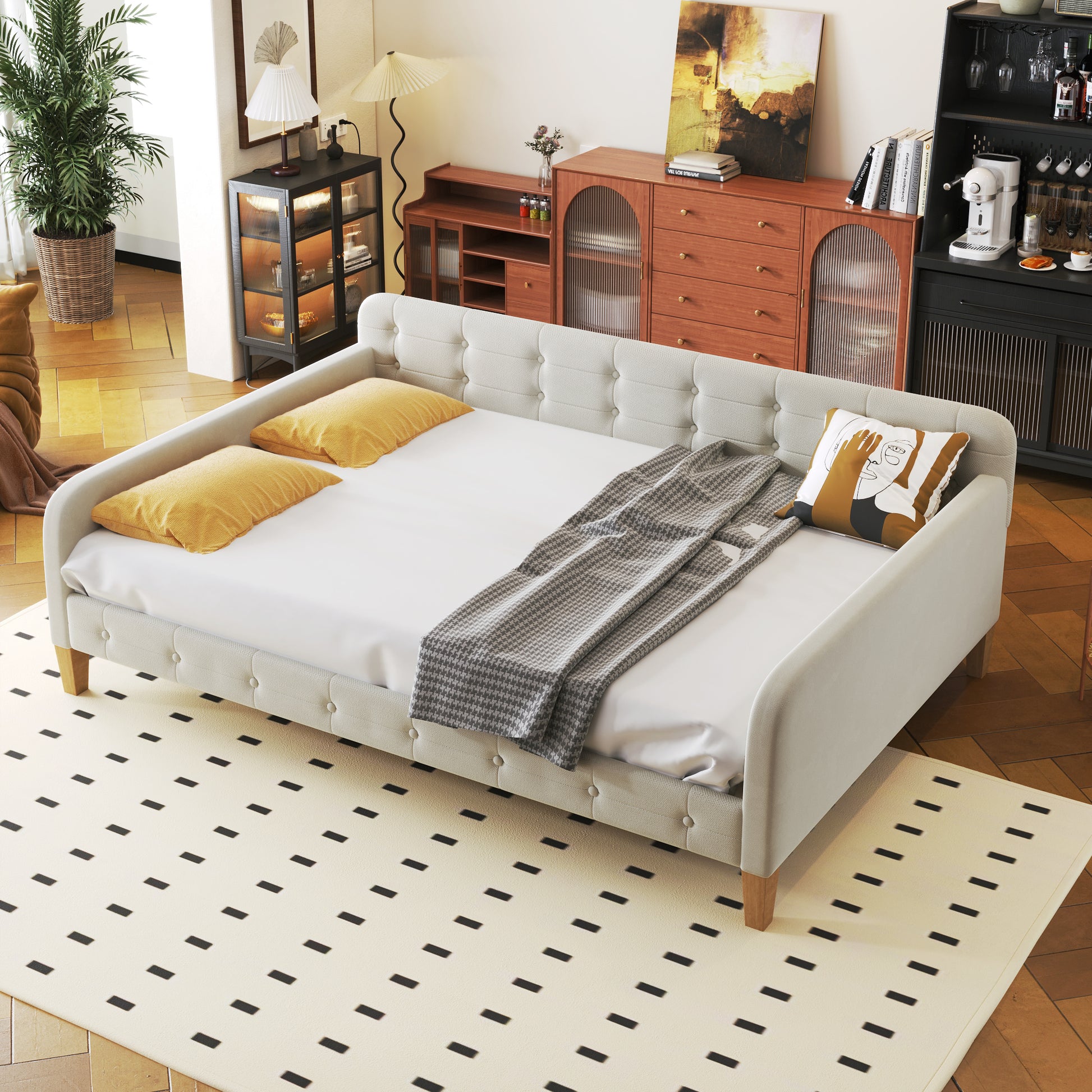 Full Size Upholstered Daybed with 4 Support Legs,White - Abrihome