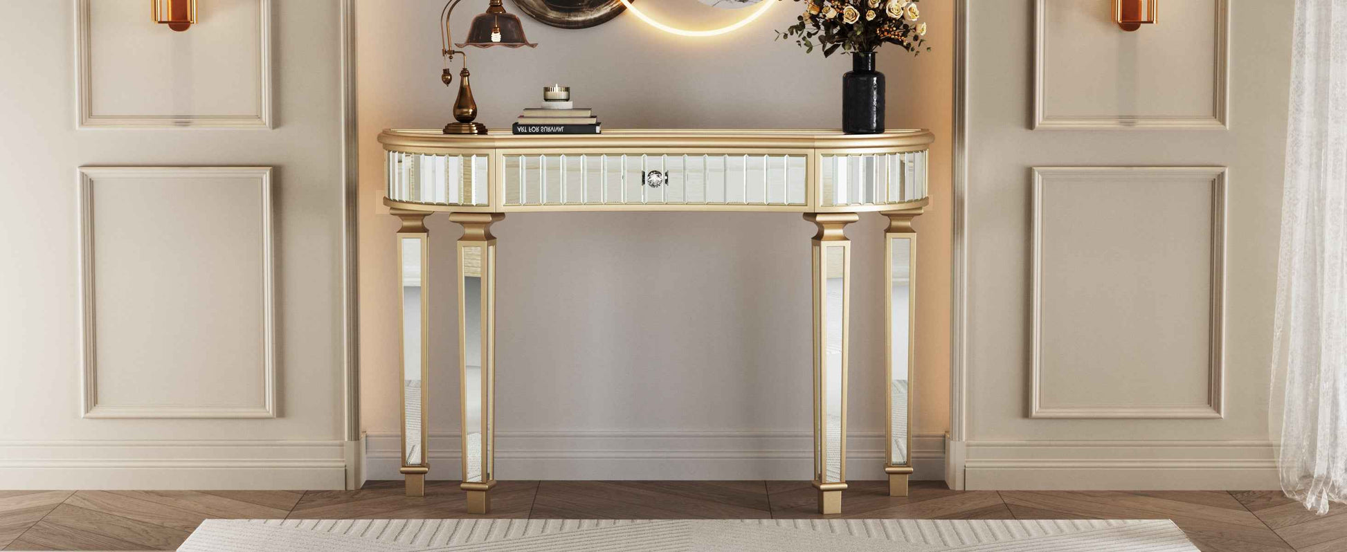47' Half-Moon Mirrored Console Table with Fluted Glass & Crystal Knob Drawer - Silver Entryway Vanity Desk for Bedroom/Dressing Room(Gold+Sliver)