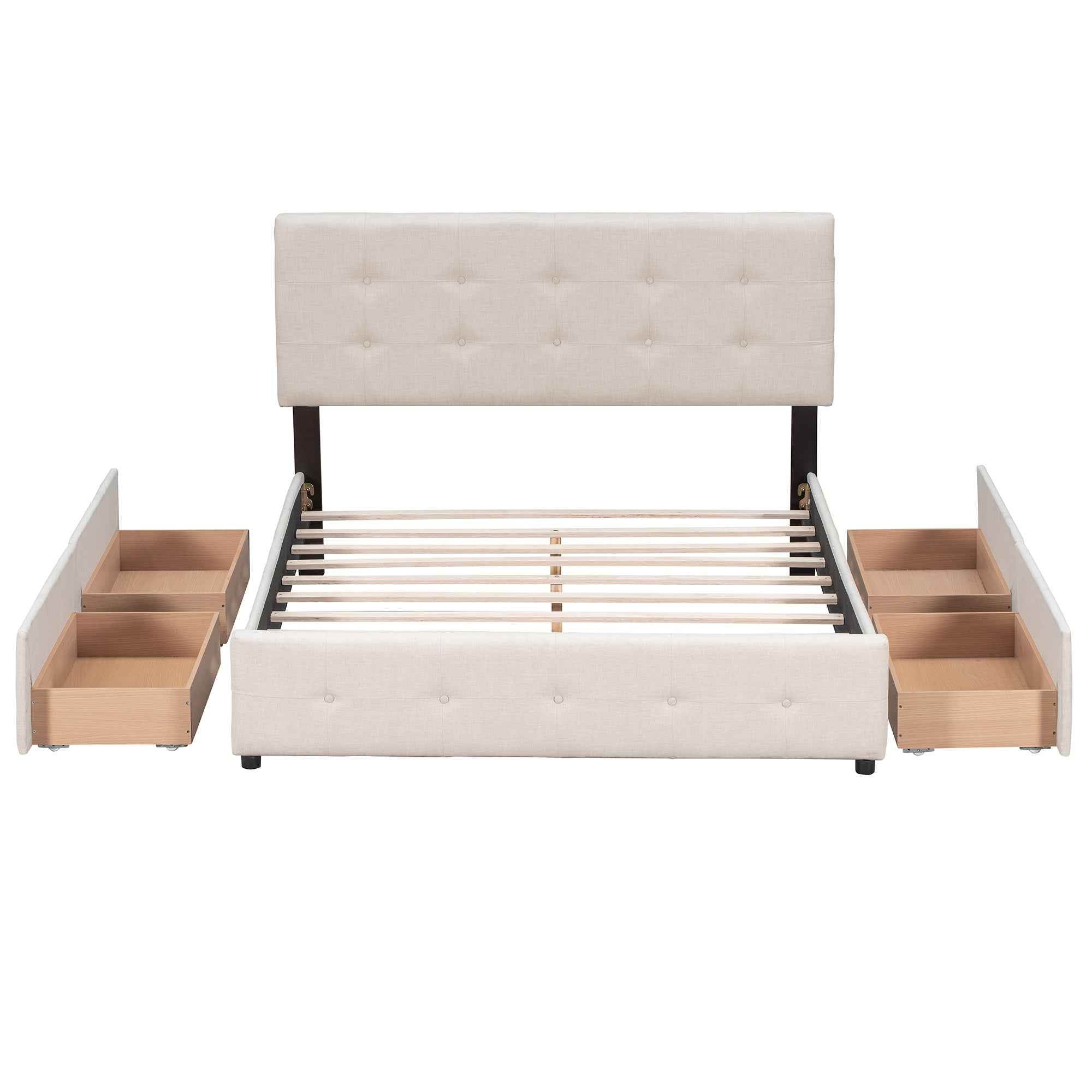 Upholstered Queen Platform Bed with Classic Headboard and 4 Drawers