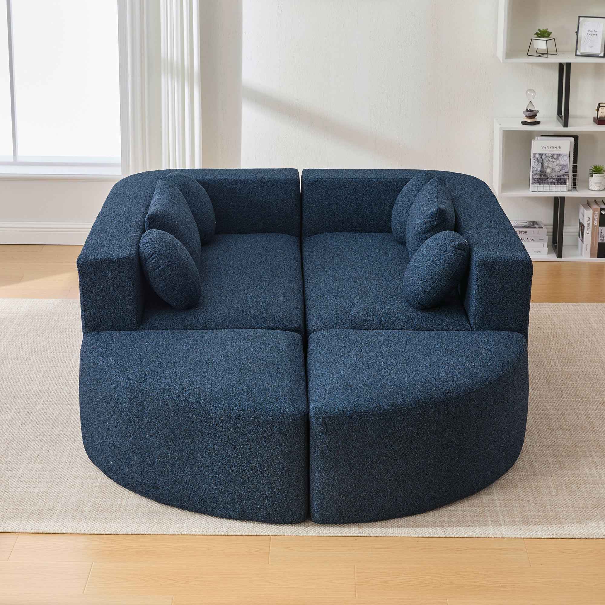 Boneless Couch Modular Sectional Sofa with Deep Seating and Curved Design in Blue Boucle, 114.9 Inches