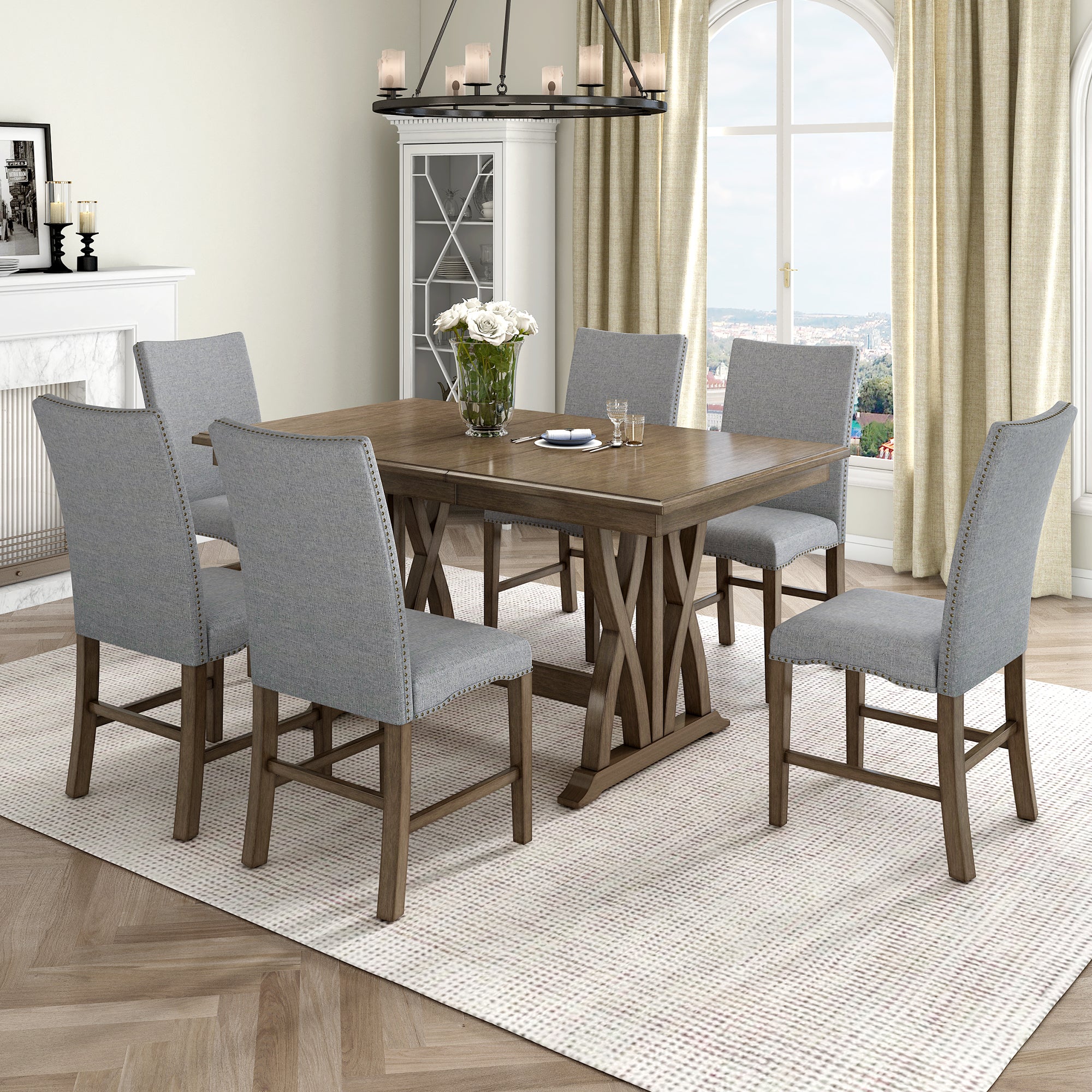 TOPMAX Mid-Century Solid Wood 7-Piece Dining Table Set Extendable Kitchen Table Set with Upholstered Chairs and 12" Leaf for 6, Golden Brown+Gray Cushion