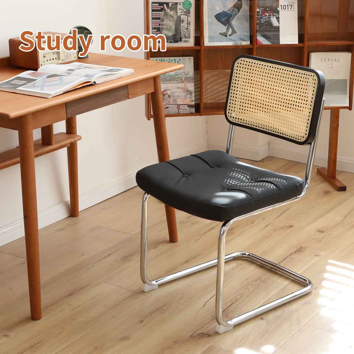 Dining Chairs Set of 2, Fauex Leather Rattan Side Accent Chairs with Chrome Legs, Modern Mid Century Breuer Designed Chairs, Upholstered Dining Living Room Kitchen Chairs (Black-2pcs)