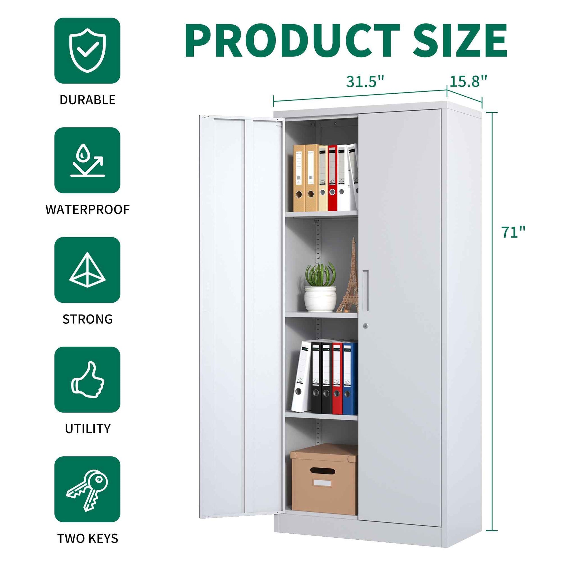 Heavy Duty Metal Garage Storage Cabinet, White Steel Locking Cabinet with Adjustable Shelves, 71'H