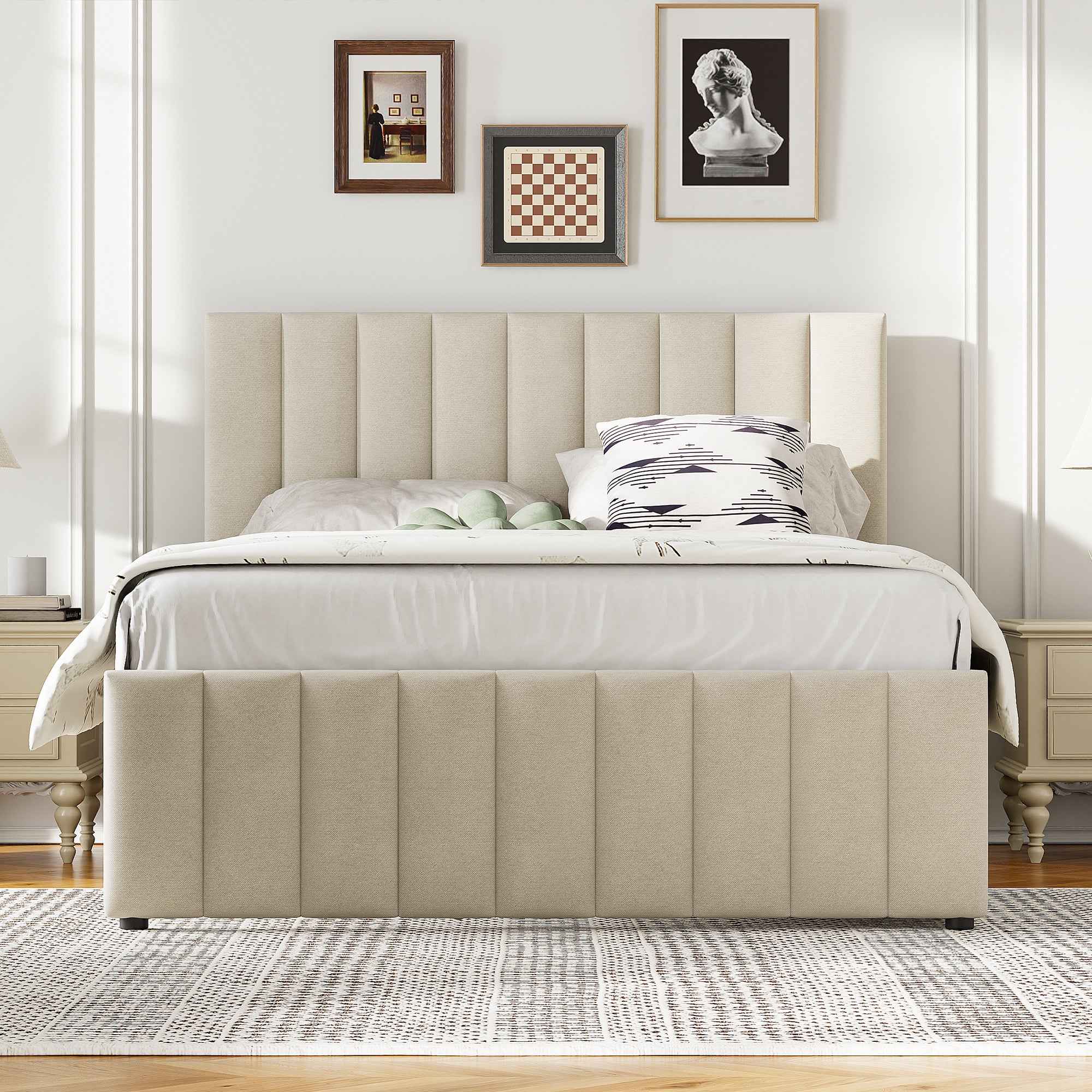Full Size Upholstered Platform Bed with Twin Size Trundle and 3 Drawers, Linen Fabric, Beige