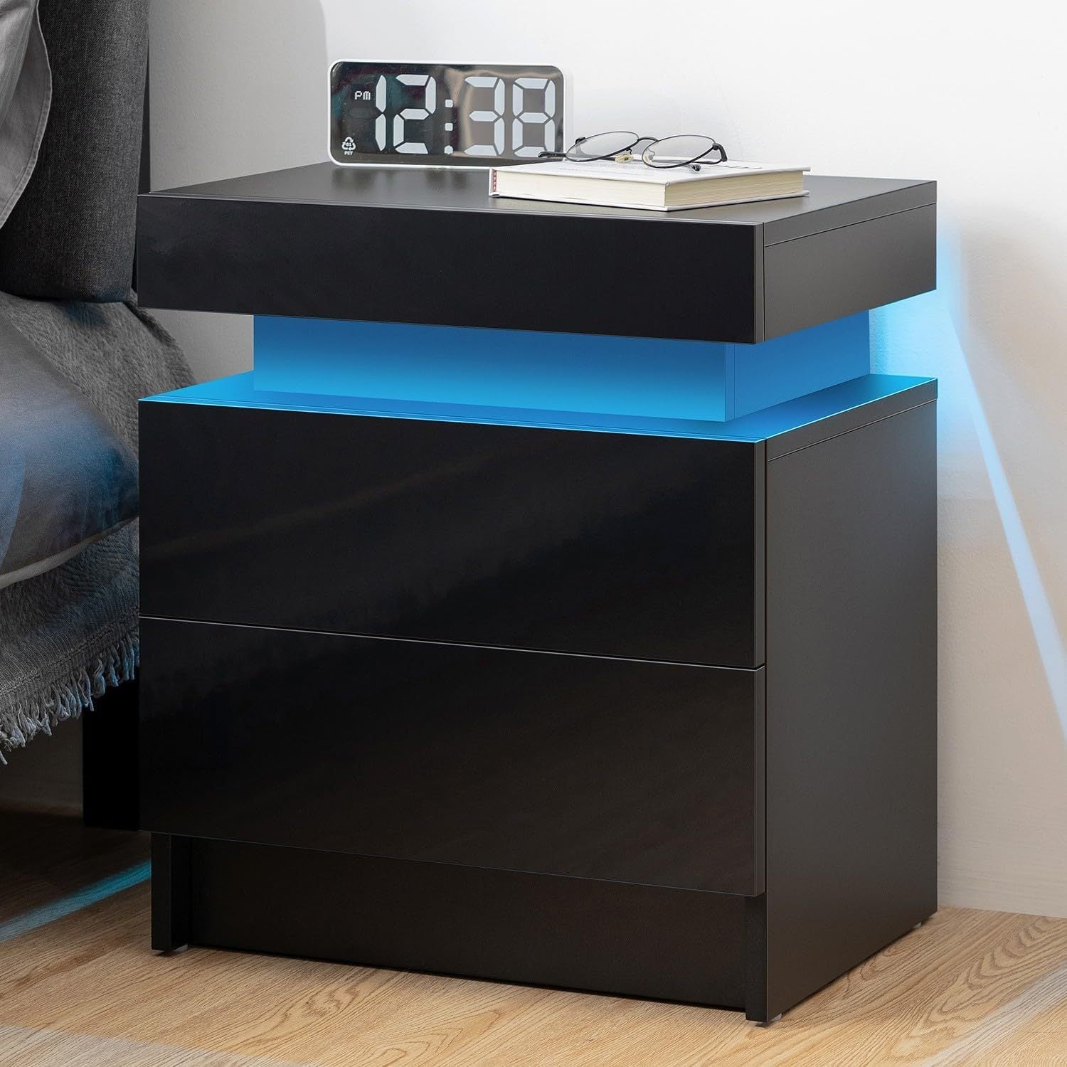 Modern Black LED Nightstand with Led Lights Bedside table with 2 High Gloss Drawers for Bedroom