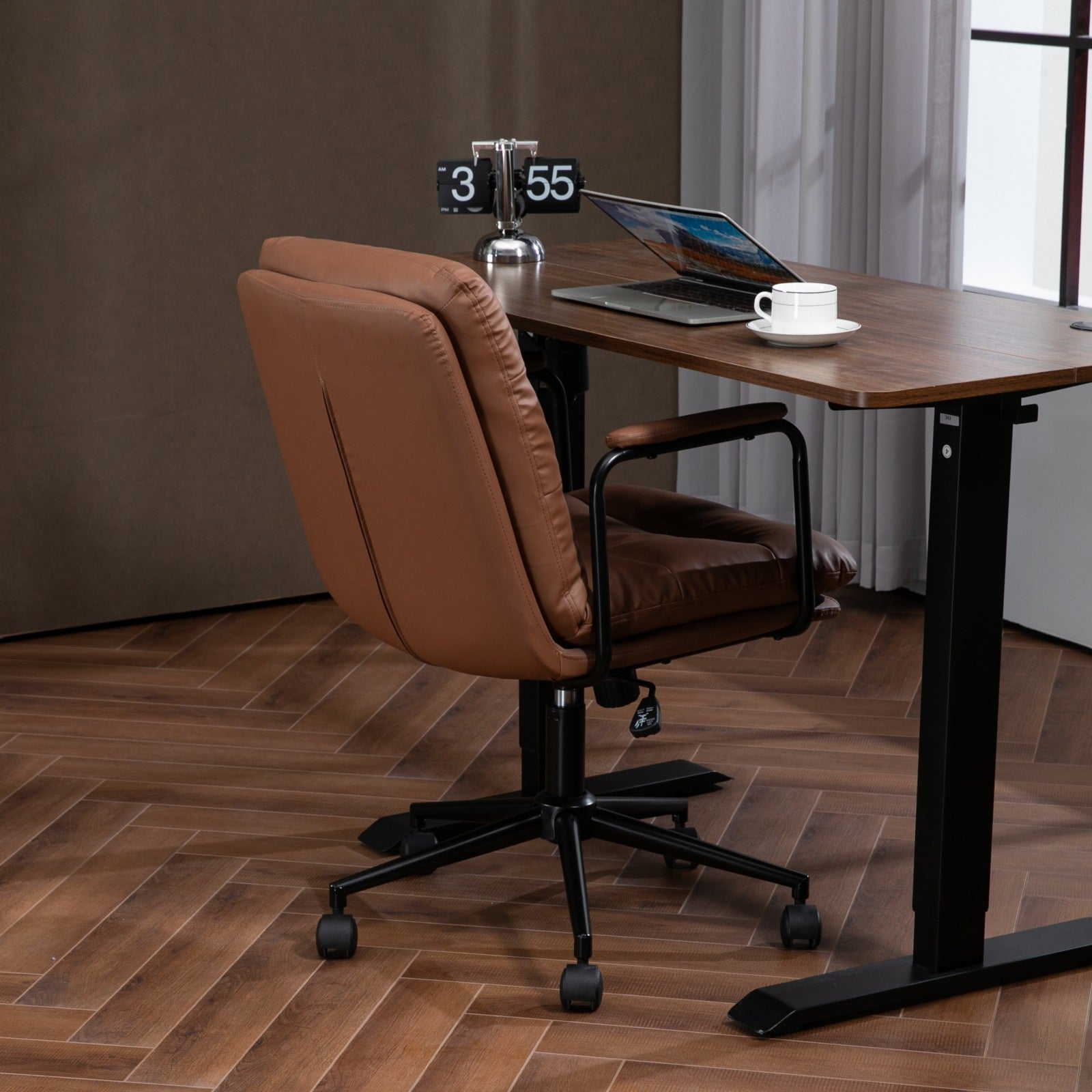 Office Chair,Mid Back Home Office Desk Task Chair with Wheels and Arms Ergonomic PU Leather Computer Rolling Swivel Chair with Padded Armrest,The back of the chair can recline 40° (Brown)