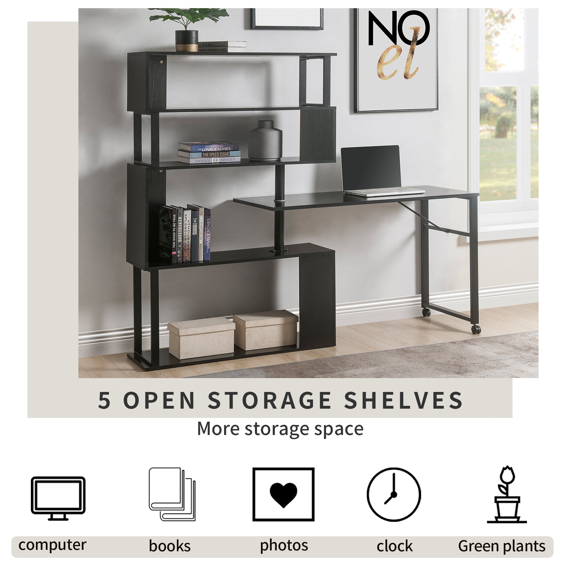 Home Office Computer Desk L-Shaped Corner Table, Rotating Computer Table with 5-Tier Bookshelf, Four Installation Methods, Lockable Casters (Black) - Abrihome