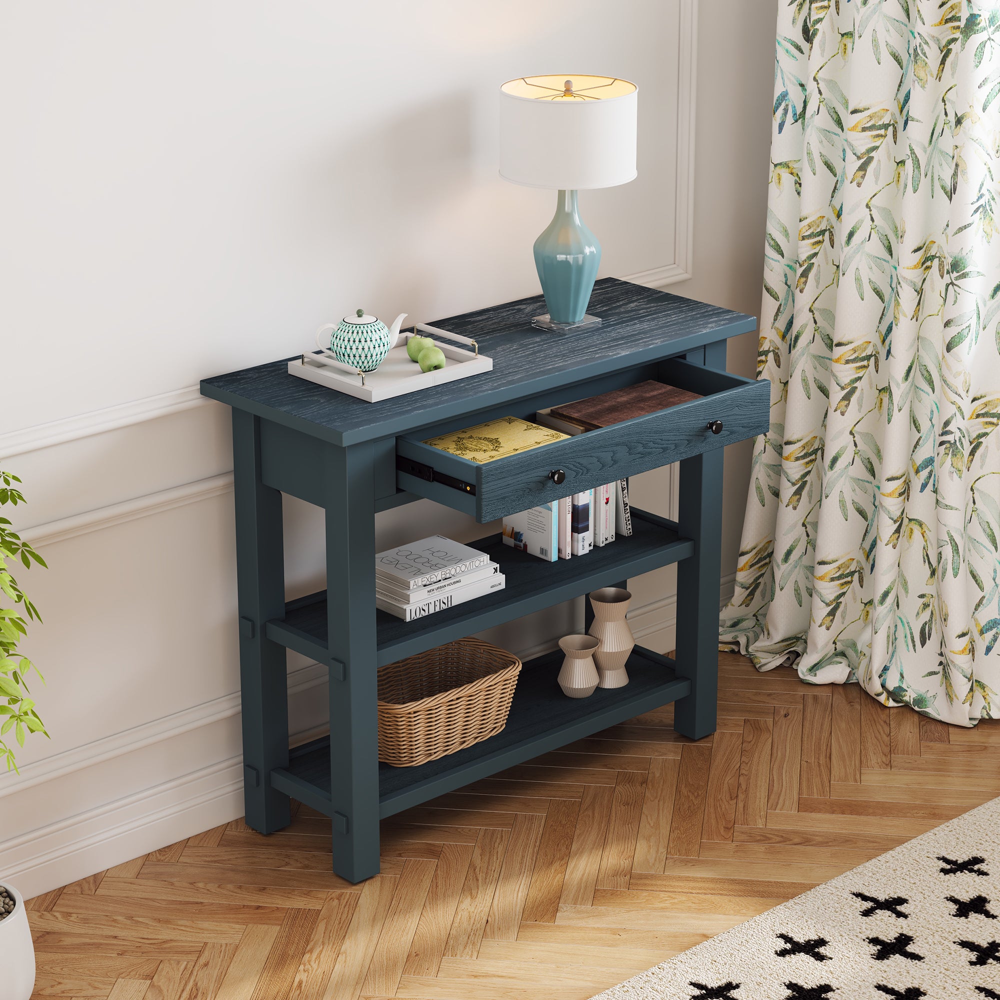 TREXM Retro Console Table with Drawer and Two Sturdy Shelves for Entryway, Living Room (Navy)