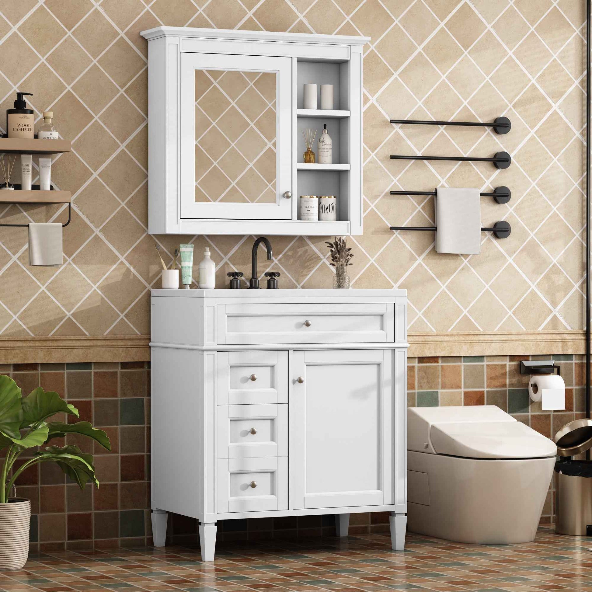 Modern 30'' Bathroom Vanity with Top Sink, White Freestanding Storage Cabinet with 2 Drawers and Tip-out Drawer, Mirror Cabinet Combo, Solid Wood + MDF Frame, Ceramic Undermount Sink