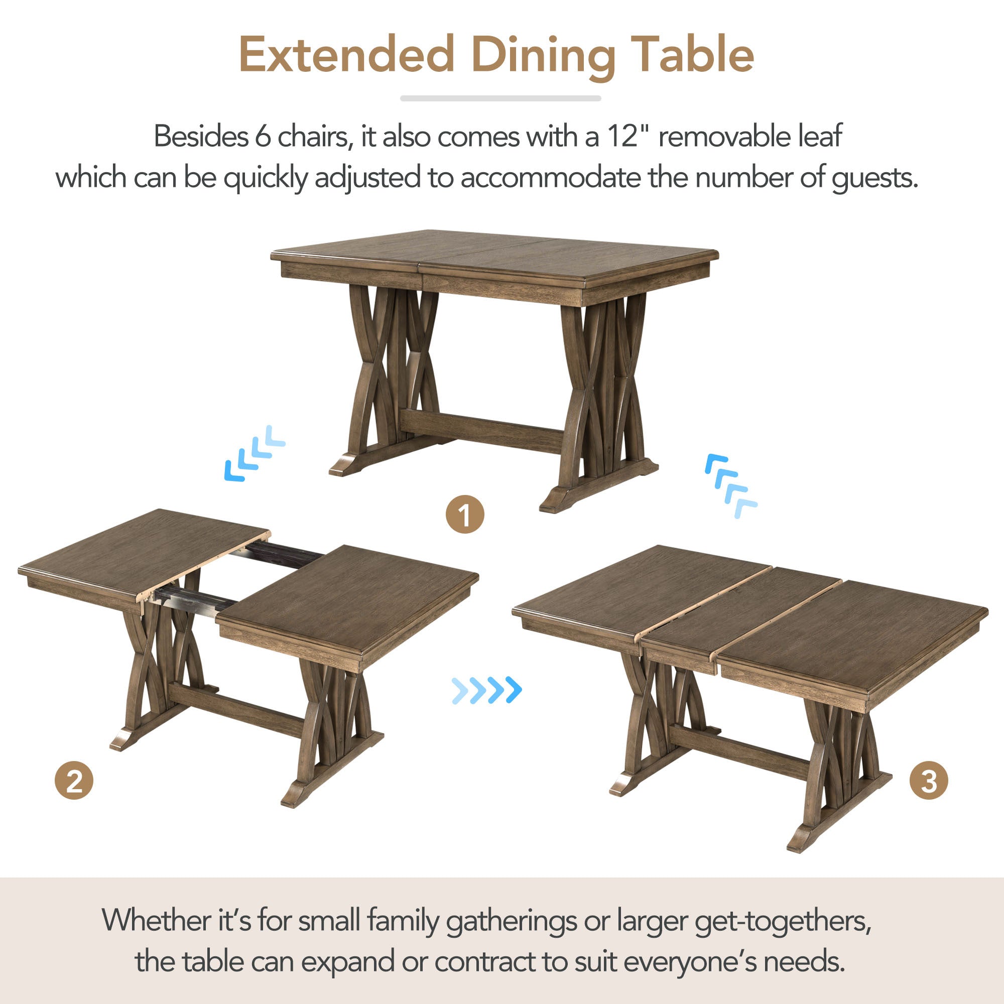 TOPMAX Mid-Century Solid Wood 7-Piece Dining Table Set Extendable Kitchen Table Set with Upholstered Chairs and 12" Leaf for 6, Golden Brown+Gray Cushion