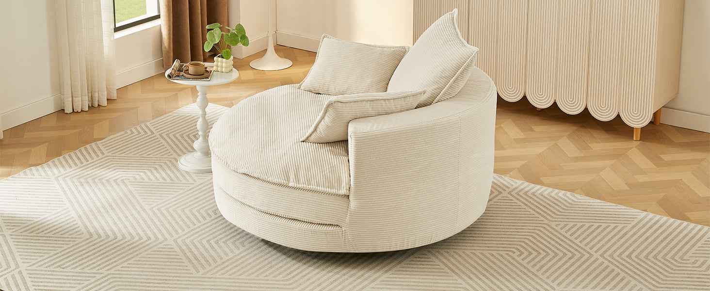 Accent Barrel Chair 360° Swivel Sofa Chair with Dual-layer Cushion and 3 Removable Pillows, Beige Corduroy, 57.5'